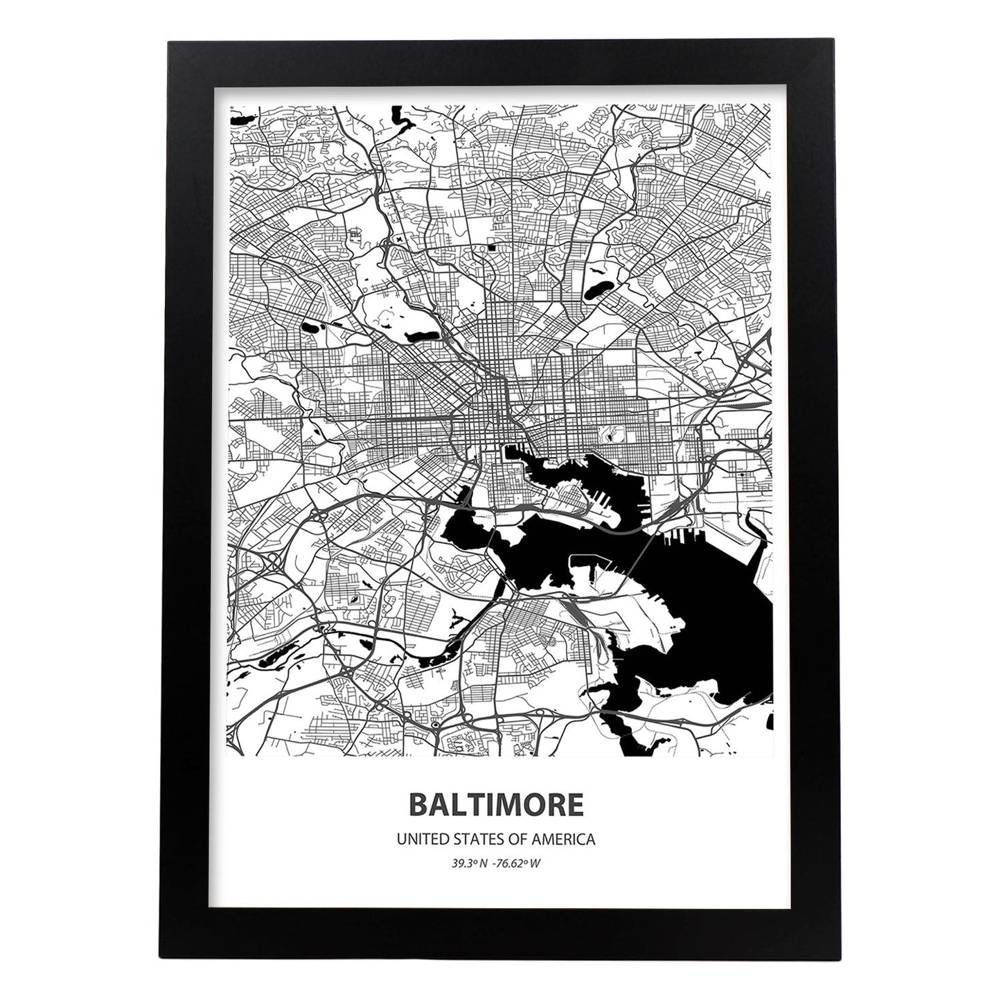 Poster con mapa de Baltimore - USA. Láminas de ciudades de Estados Unidos con mares y ríos en color negro.-Artwork-Nacnic-A4-Marco Negro-Nacnic Estudio SL