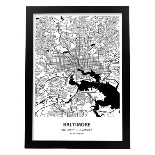 Poster con mapa de Baltimore - USA. Láminas de ciudades de Estados Unidos con mares y ríos en color negro.-Artwork-Nacnic-A4-Marco Negro-Nacnic Estudio SL