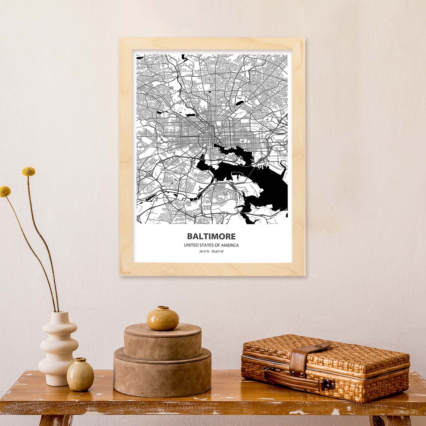 Poster con mapa de Baltimore - USA. Láminas de ciudades de Estados Unidos con mares y ríos en color negro.-Artwork-Nacnic-Nacnic Estudio SL
