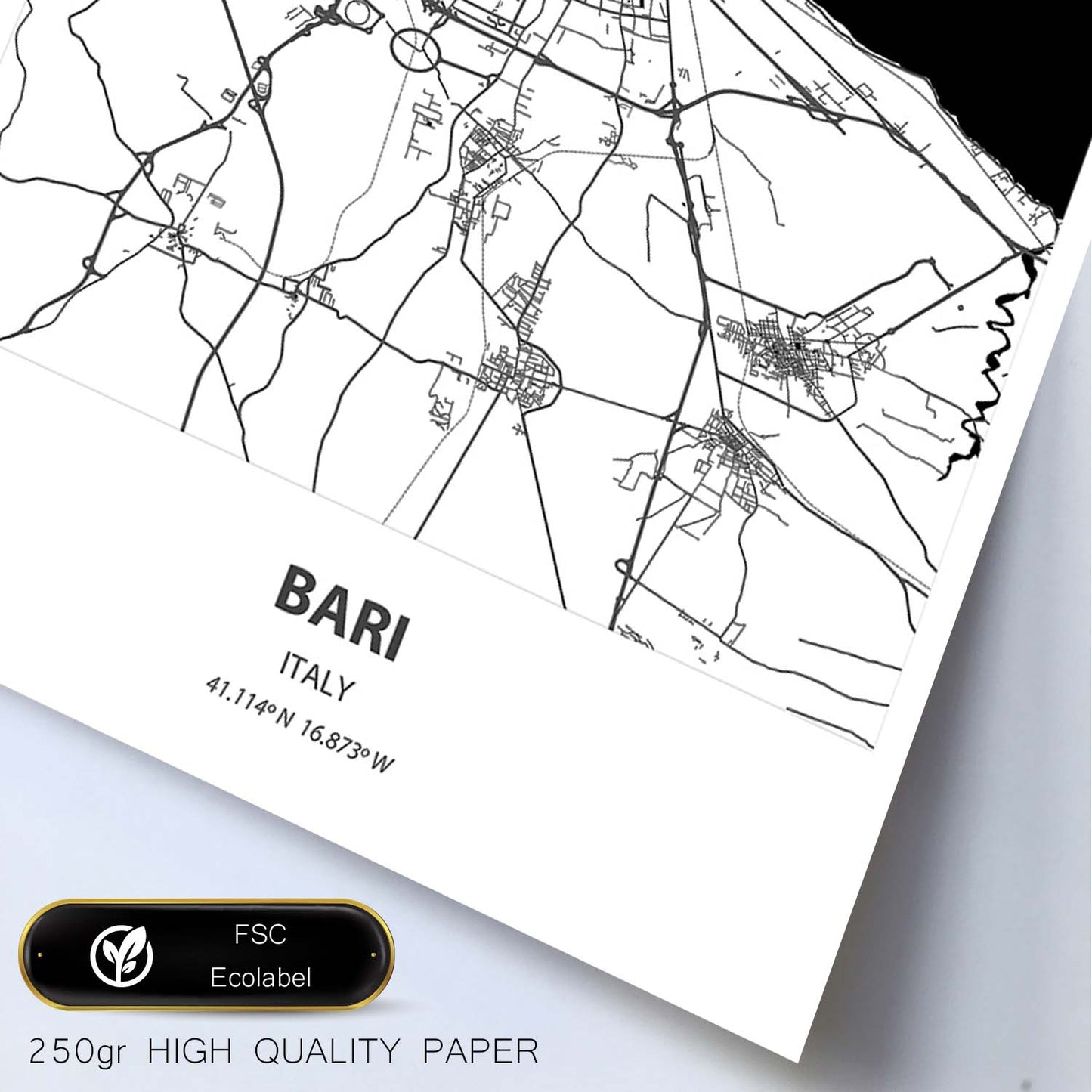 Poster con mapa de Bari - Italia. Láminas de ciudades de Italia con mares y ríos en color negro.-Artwork-Nacnic-Nacnic Estudio SL