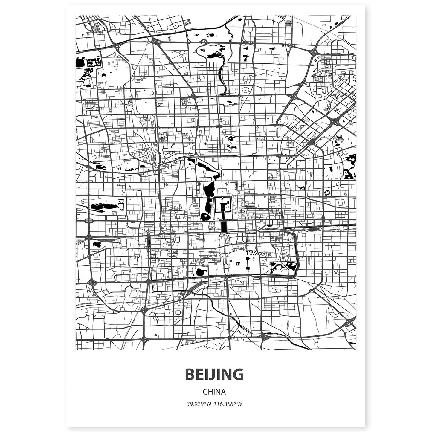 Poster con mapa de Beijing - China. Láminas de ciudades de Asia con mares y ríos en color negro.-Artwork-Nacnic-A4-Sin marco-Nacnic Estudio SL