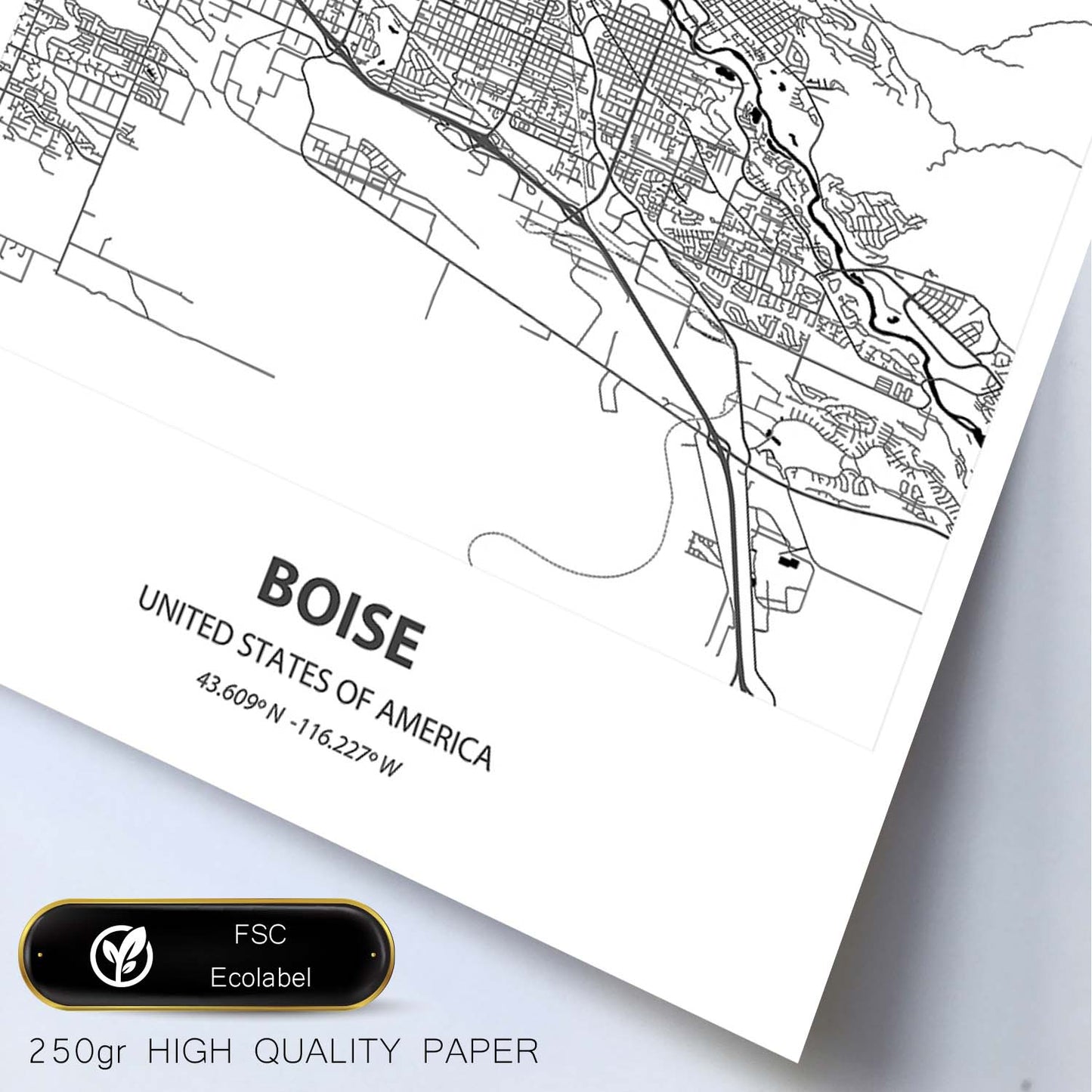 Poster con mapa de Boise - USA. Láminas de ciudades de Estados Unidos con mares y ríos en color negro.-Artwork-Nacnic-Nacnic Estudio SL