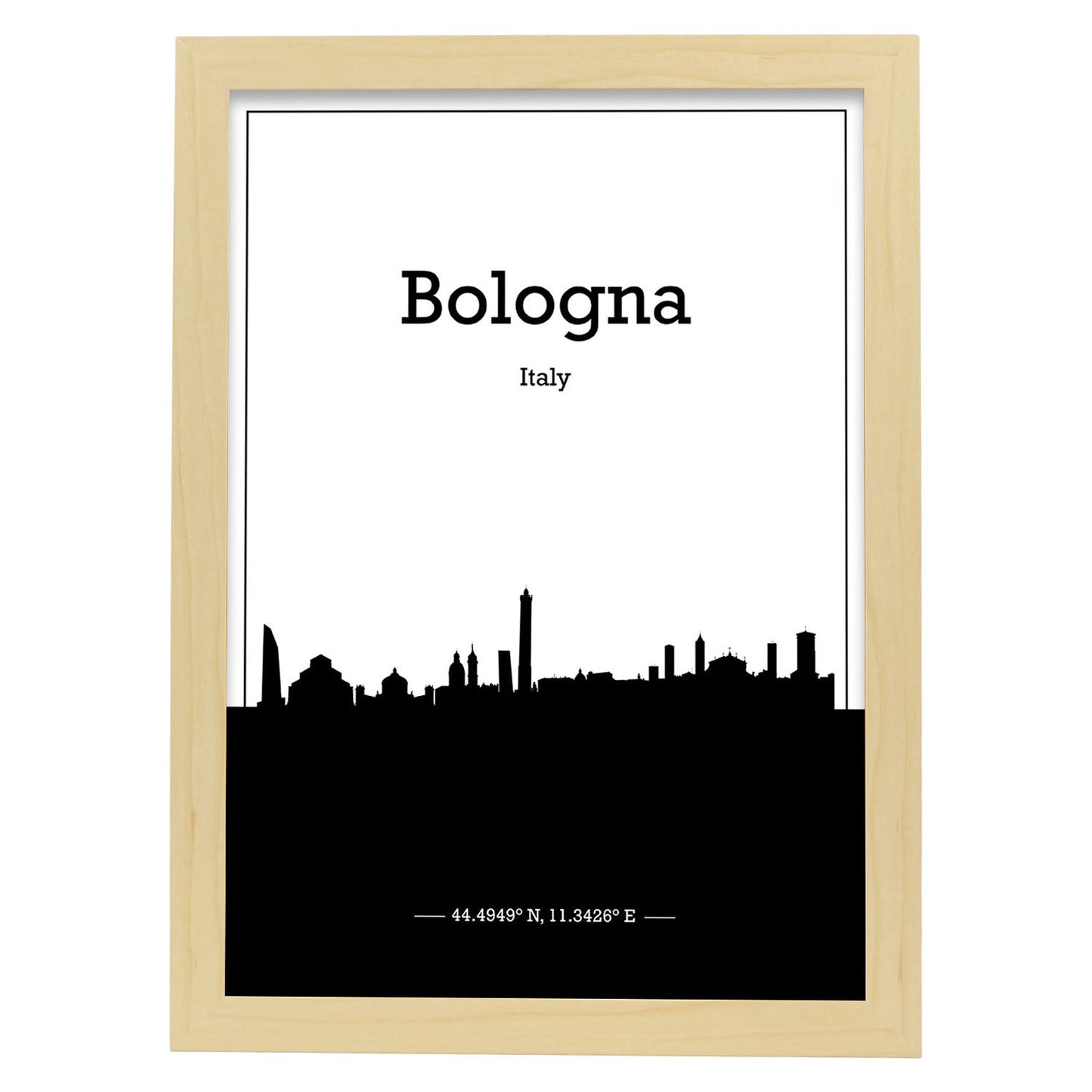 Poster con mapa de Bologna - Italia. Láminas con Skyline de ciudades de Italia con sombra negra.-Artwork-Nacnic-A3-Marco Madera clara-Nacnic Estudio SL