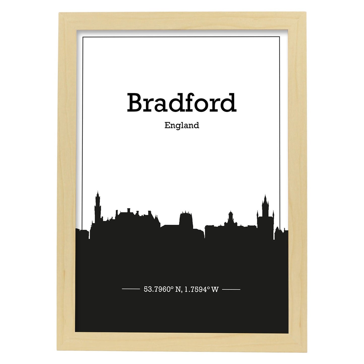 Poster con mapa de Bradford - Inglaterra. Láminas con Skyline de ciudades de Inglaterra e Irlanda con sombra negra.-Artwork-Nacnic-A4-Marco Madera clara-Nacnic Estudio SL