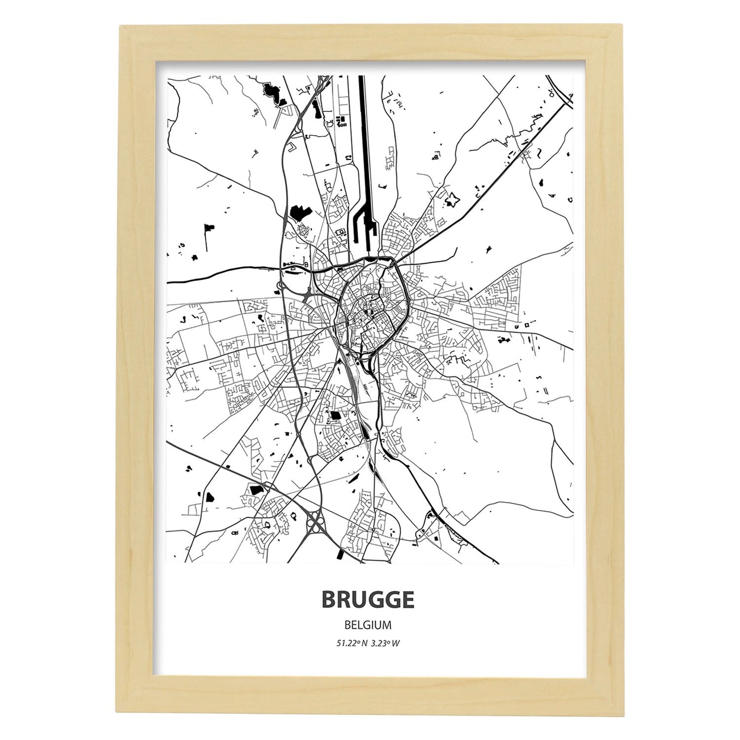 Poster con mapa de Brugge - Belgica. Láminas de ciudades de Holanda y Bélgica con mares y ríos en color negro.-Artwork-Nacnic-A3-Marco Madera clara-Nacnic Estudio SL