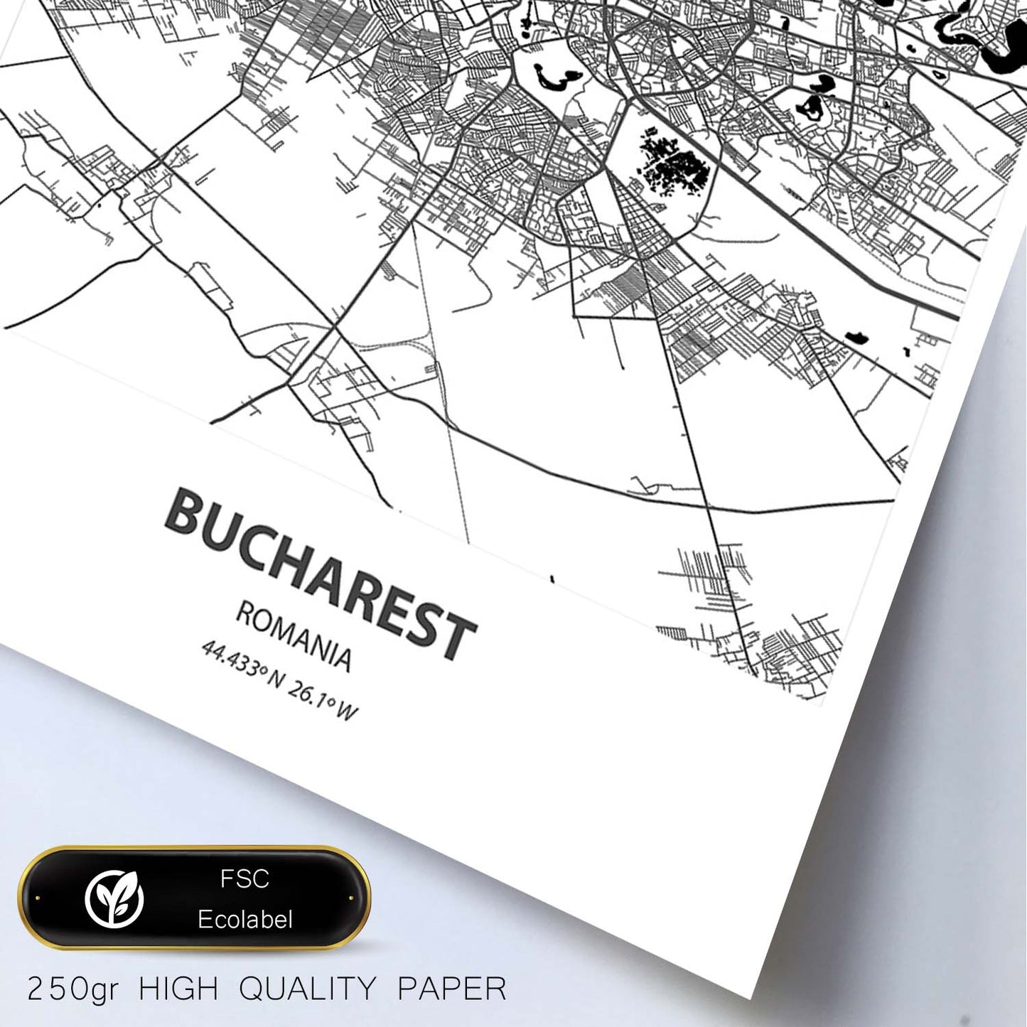 Poster con mapa de Bucharest - Rumania. Láminas de ciudades de Europa con mares y ríos en color negro.-Artwork-Nacnic-Nacnic Estudio SL