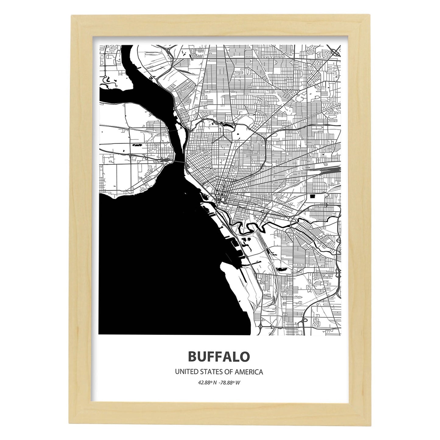 Poster con mapa de Buffalo - USA. Láminas de ciudades de Estados Unidos con mares y ríos en color negro.-Artwork-Nacnic-A4-Marco Madera clara-Nacnic Estudio SL