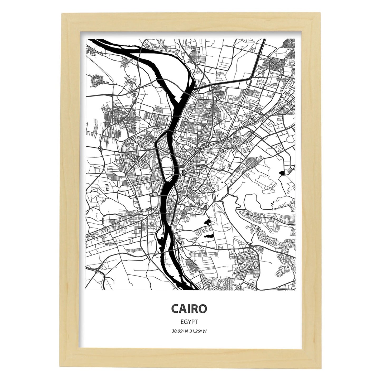 Poster con mapa de Cairo - Egipto. Láminas de ciudades de África con mares y ríos en color negro.-Artwork-Nacnic-A4-Marco Madera clara-Nacnic Estudio SL