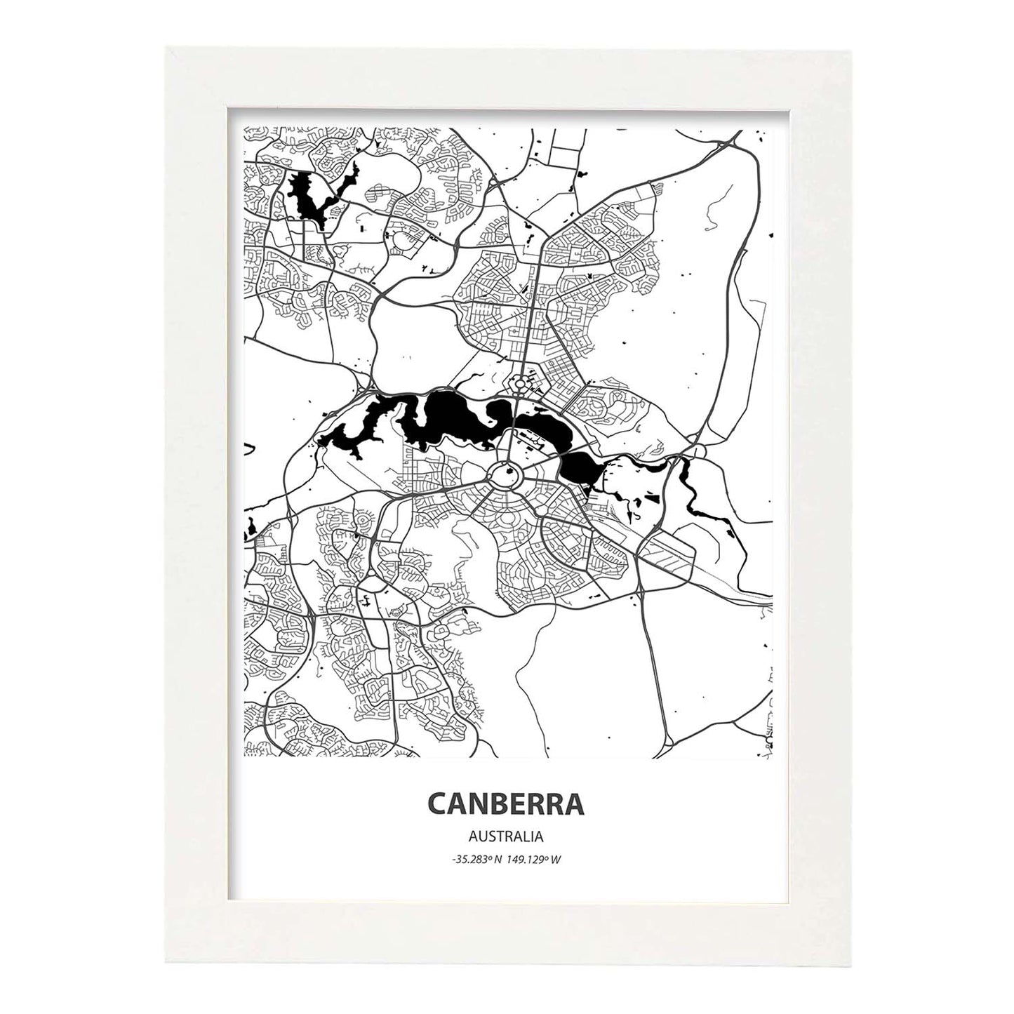 Poster con mapa de Camberra - Australia. Láminas de ciudades de Australia con mares y ríos en color negro.-Artwork-Nacnic-A4-Marco Blanco-Nacnic Estudio SL