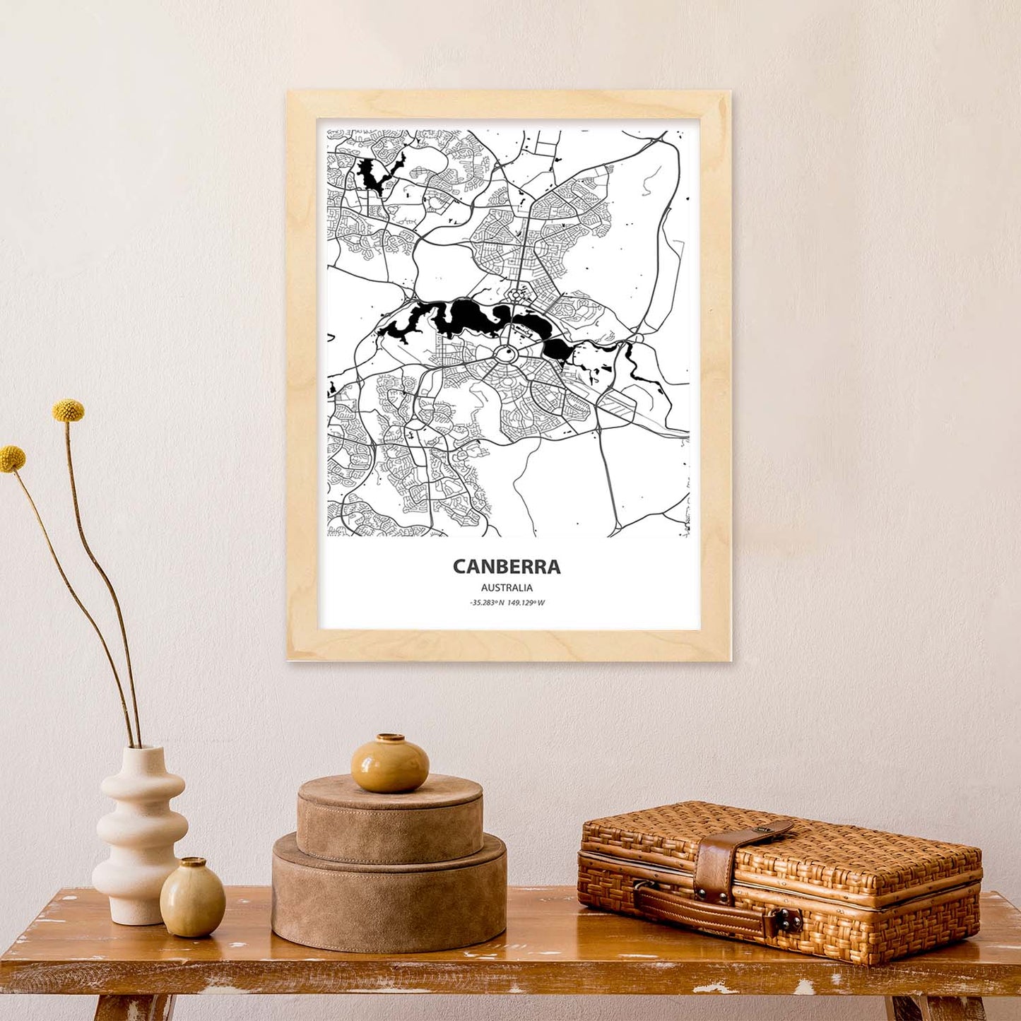 Poster con mapa de Camberra - Australia. Láminas de ciudades de Australia con mares y ríos en color negro.-Artwork-Nacnic-Nacnic Estudio SL