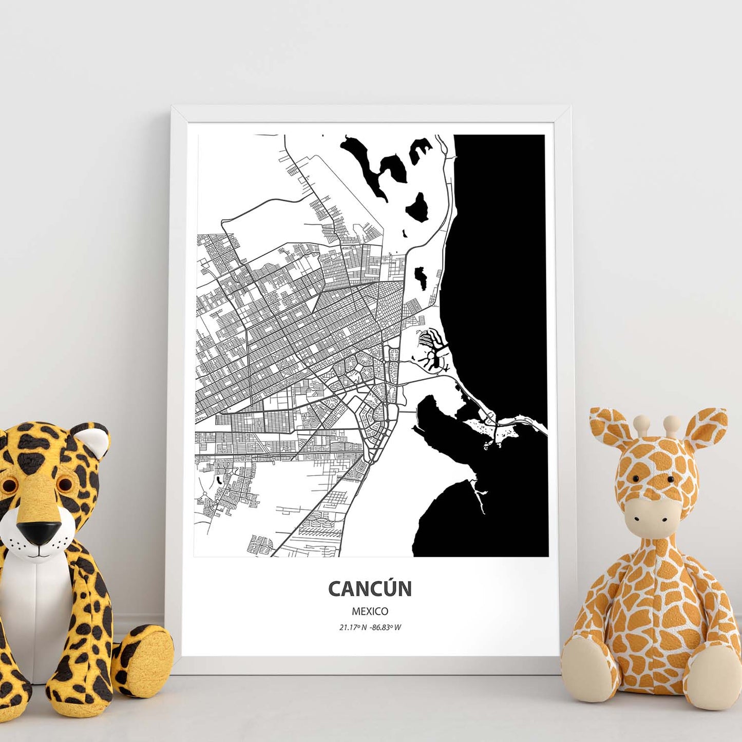 Poster con mapa de Cancun - Mexico. Láminas de ciudades de Latinoamérica con mares y ríos en color negro.-Artwork-Nacnic-Nacnic Estudio SL