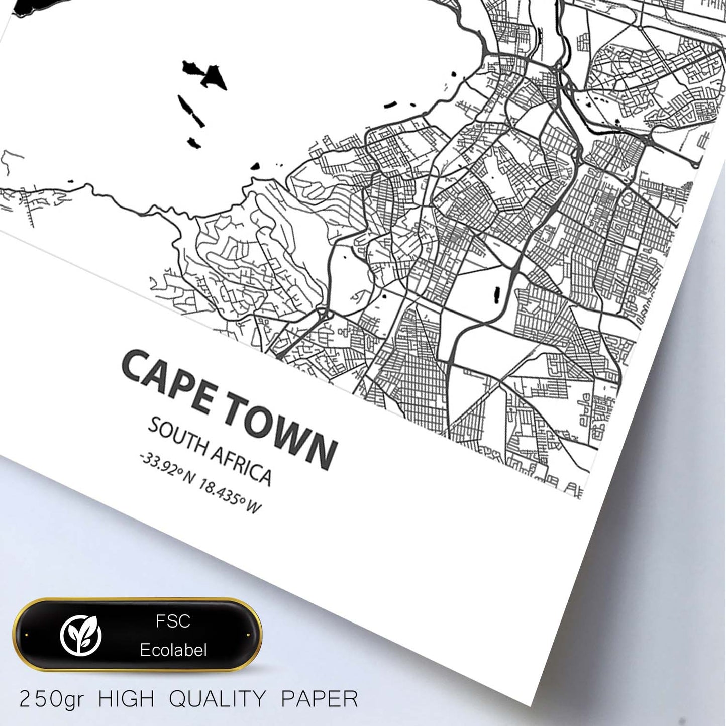 Poster con mapa de Cape Town - Sudáfrica. Láminas de ciudades de África con mares y ríos en color negro.-Artwork-Nacnic-Nacnic Estudio SL