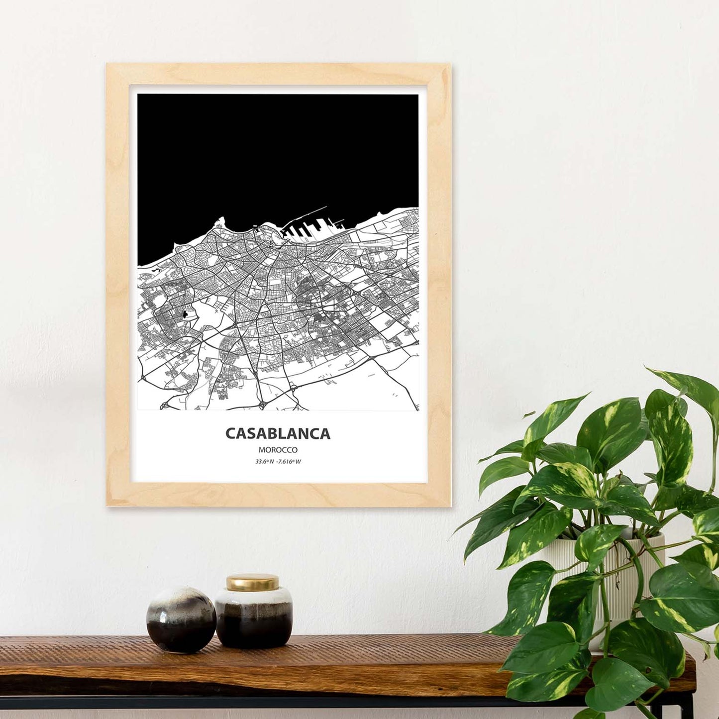 Poster con mapa de Casablanca - Marruecos. Láminas de ciudades de África con mares y ríos en color negro.-Artwork-Nacnic-Nacnic Estudio SL
