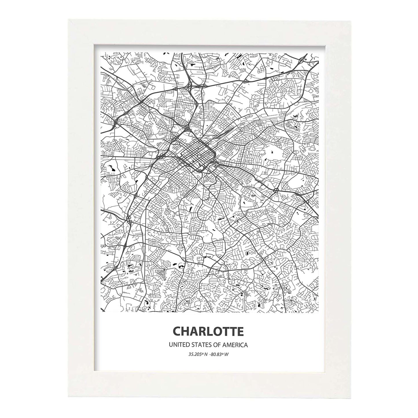 Poster con mapa de Charlotte - USA. Láminas de ciudades de Estados Unidos con mares y ríos en color negro.-Artwork-Nacnic-A3-Marco Blanco-Nacnic Estudio SL