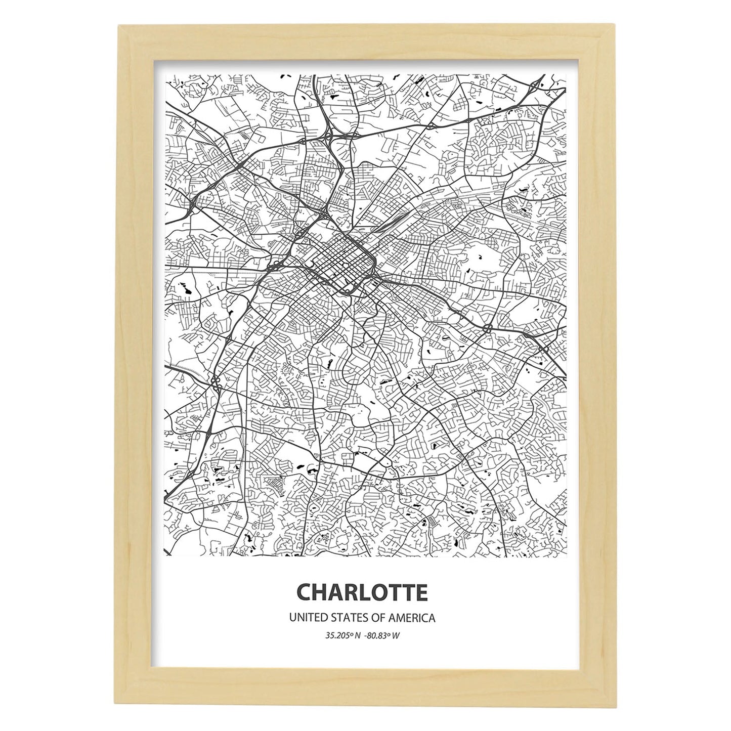 Poster con mapa de Charlotte - USA. Láminas de ciudades de Estados Unidos con mares y ríos en color negro.-Artwork-Nacnic-A3-Marco Madera clara-Nacnic Estudio SL