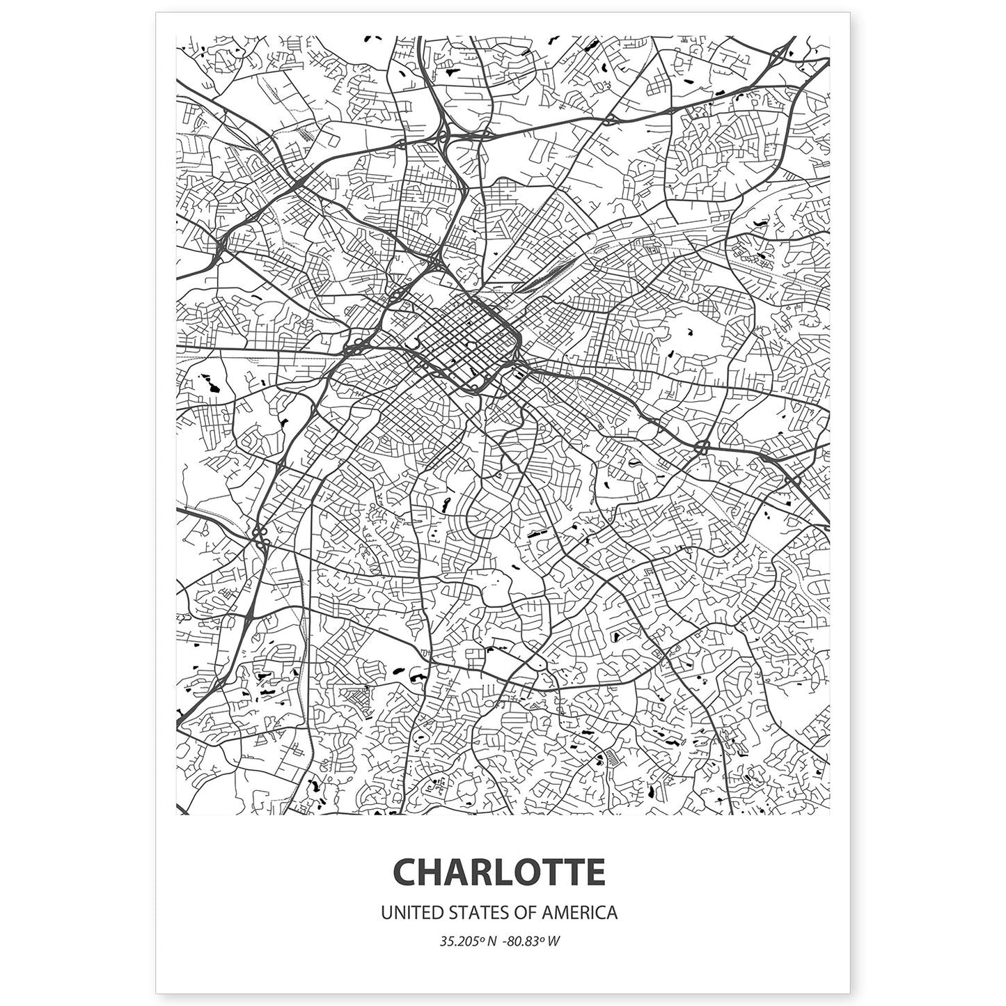Poster con mapa de Charlotte - USA. Láminas de ciudades de Estados Unidos con mares y ríos en color negro.-Artwork-Nacnic-A4-Sin marco-Nacnic Estudio SL
