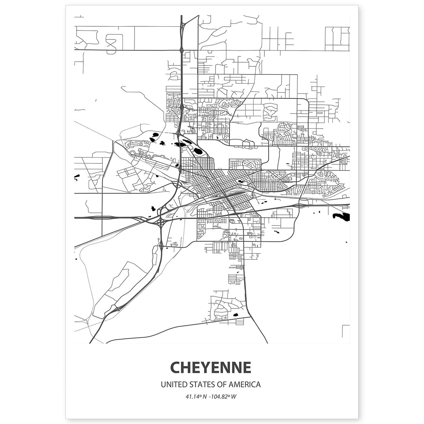 Poster con mapa de Cheyenne - USA. Láminas de ciudades de Estados Unidos con mares y ríos en color negro.-Artwork-Nacnic-A4-Sin marco-Nacnic Estudio SL