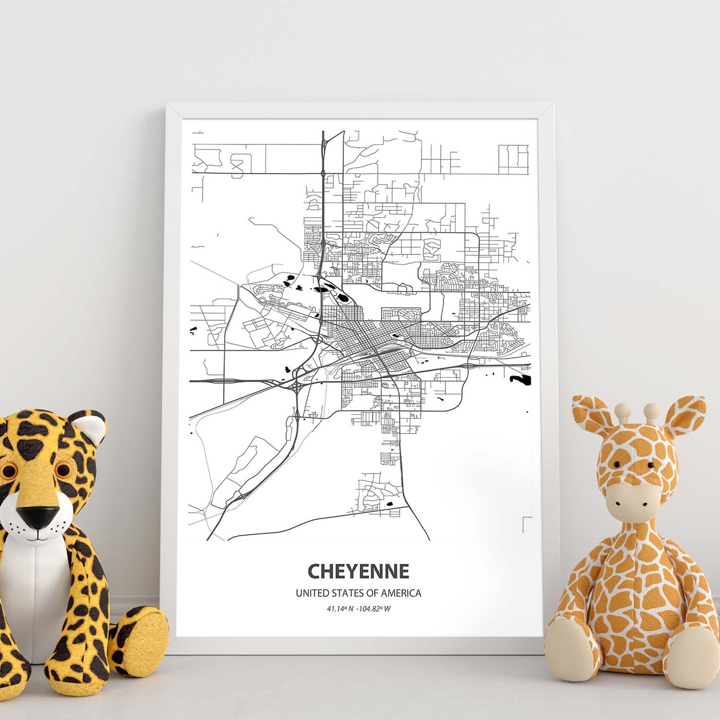 Poster con mapa de Cheyenne - USA. Láminas de ciudades de Estados Unidos con mares y ríos en color negro.-Artwork-Nacnic-Nacnic Estudio SL