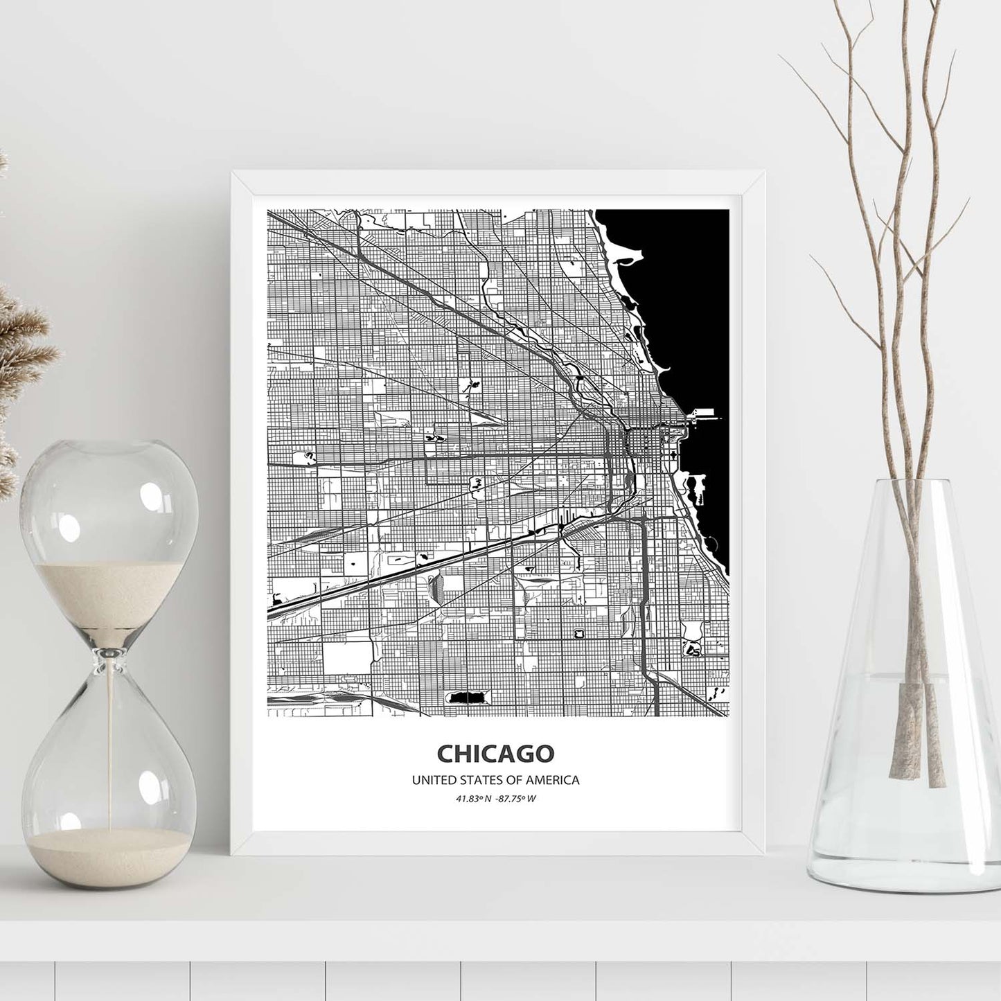 Poster con mapa de Chicago - USA. Láminas de ciudades de Estados Unidos con mares y ríos en color negro.-Artwork-Nacnic-Nacnic Estudio SL