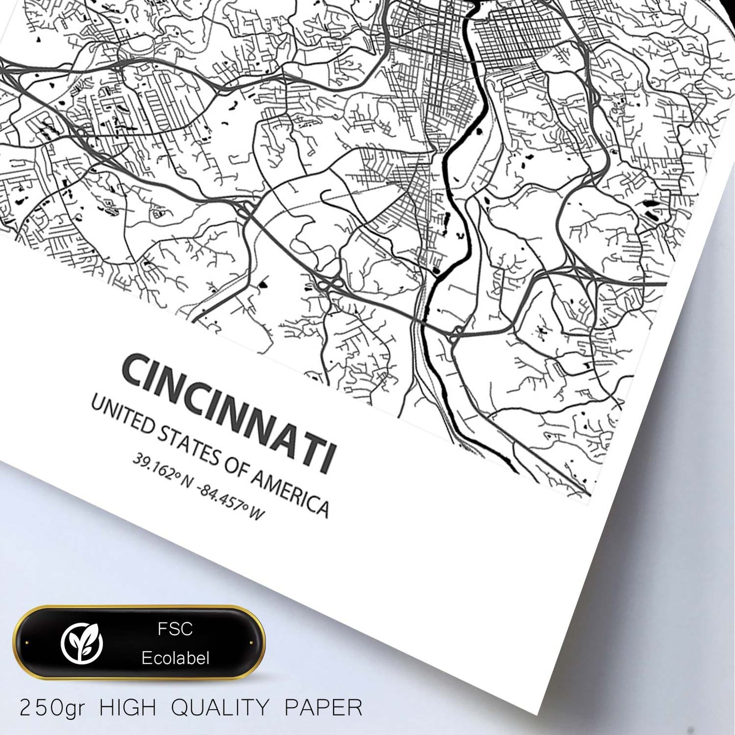Poster con mapa de Cincinnati - USA. Láminas de ciudades de Estados Unidos con mares y ríos en color negro.-Artwork-Nacnic-Nacnic Estudio SL