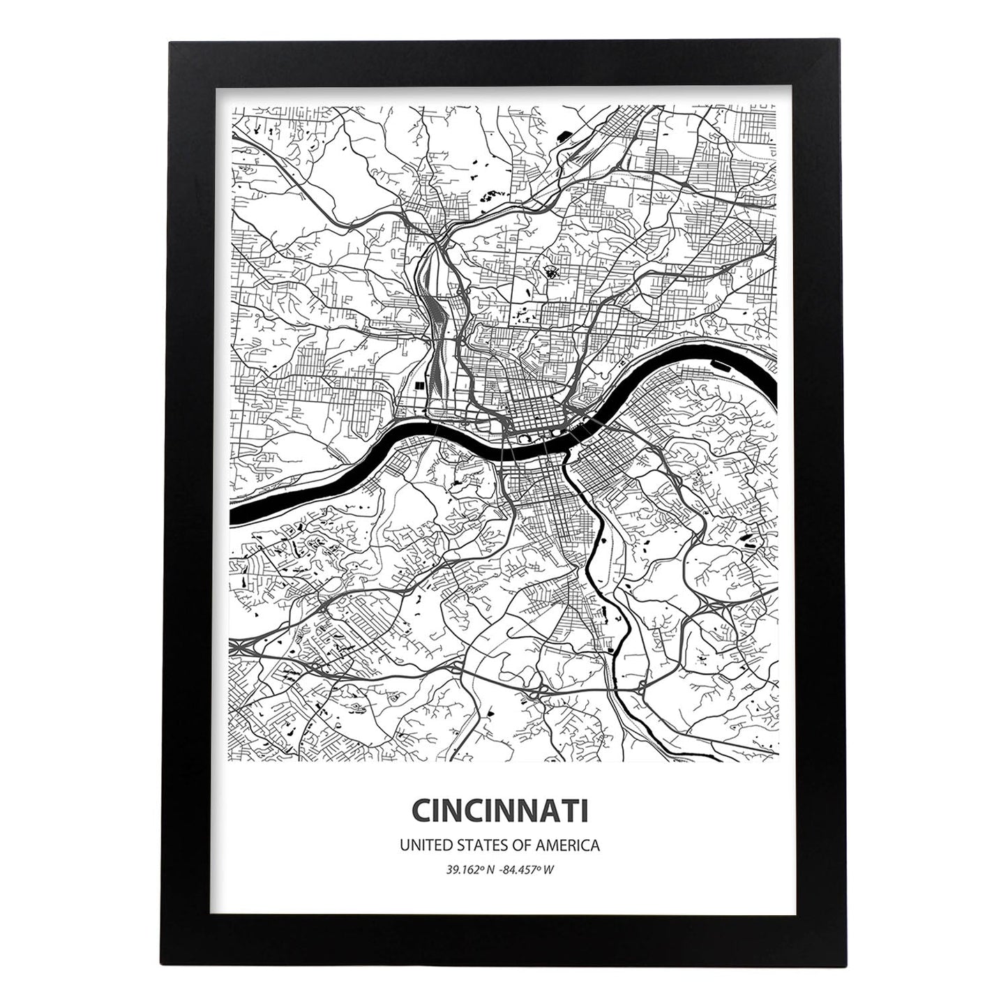 Poster con mapa de Cincinnati - USA. Láminas de ciudades de Estados Unidos con mares y ríos en color negro.-Artwork-Nacnic-A4-Marco Negro-Nacnic Estudio SL