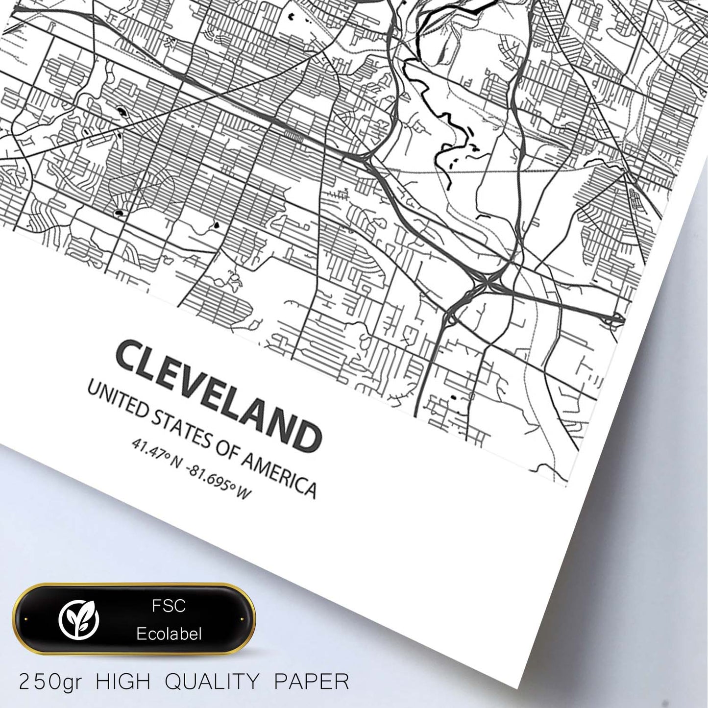 Poster con mapa de Cleveland - USA. Láminas de ciudades de Estados Unidos con mares y ríos en color negro.-Artwork-Nacnic-Nacnic Estudio SL