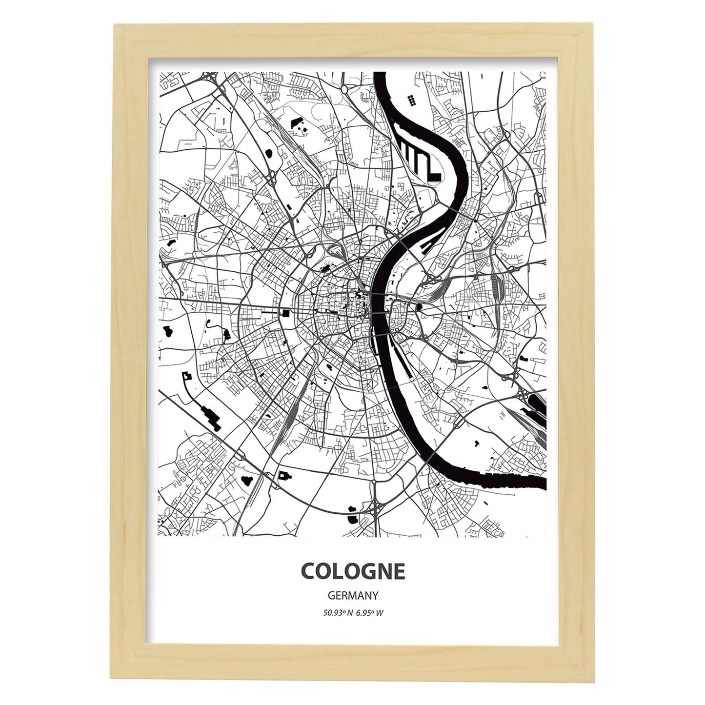 Poster con mapa de Cologne - Alemania. Láminas de ciudades de Alemania con mares y ríos en color negro.-Artwork-Nacnic-A4-Marco Madera clara-Nacnic Estudio SL