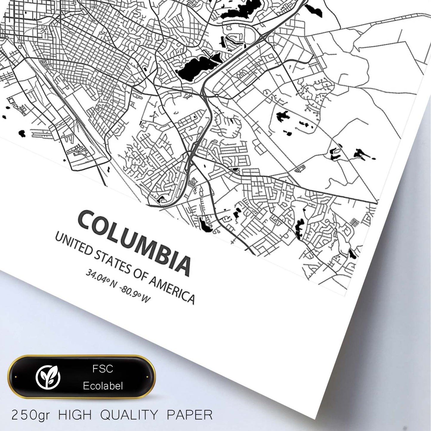 Poster con mapa de Columbia - USA. Láminas de ciudades de Estados Unidos con mares y ríos en color negro.-Artwork-Nacnic-Nacnic Estudio SL