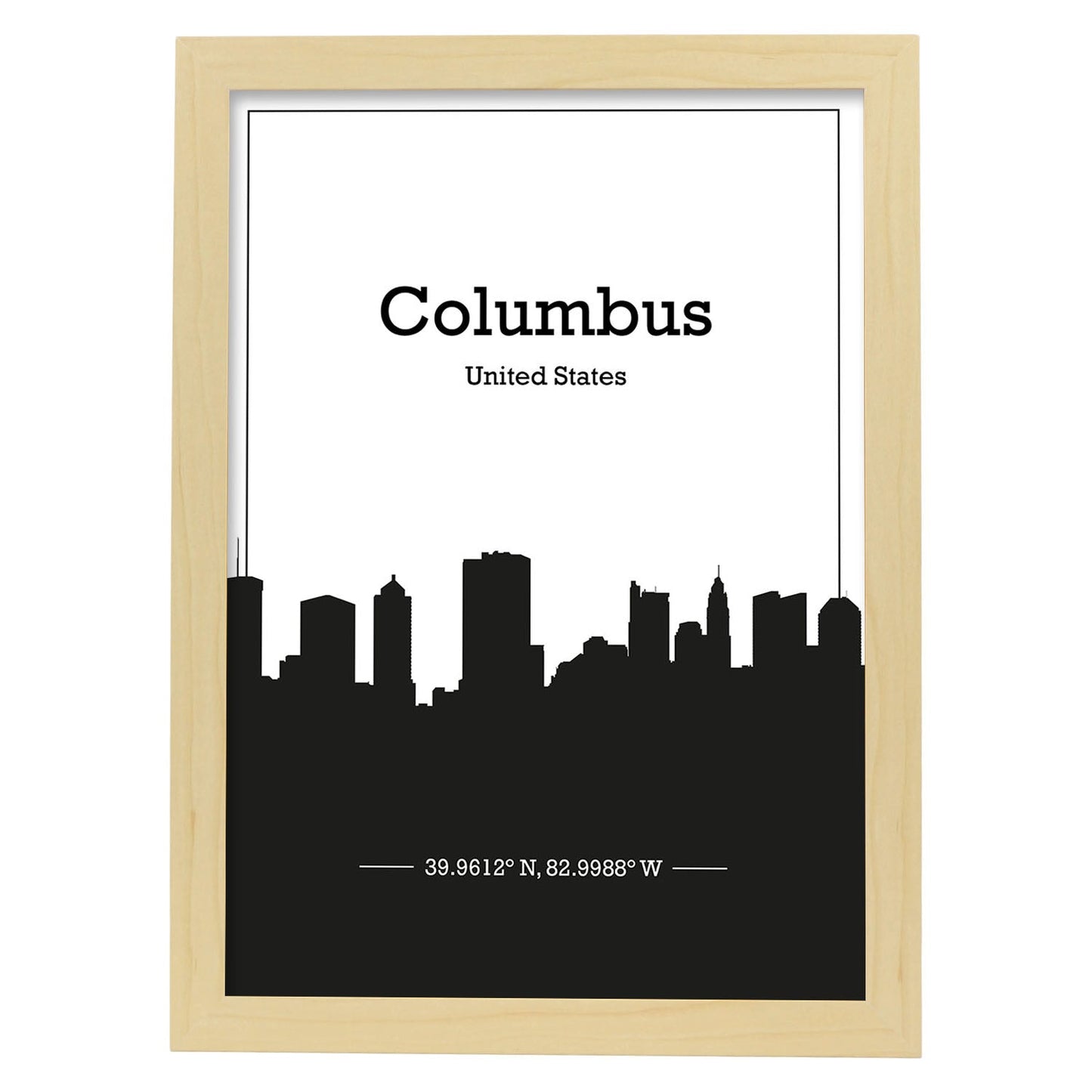 Poster con mapa de Columbus - USA. Láminas con Skyline de ciudades de Estados Unidos, Canada, Mexico con sombra negra.-Artwork-Nacnic-A4-Marco Madera clara-Nacnic Estudio SL