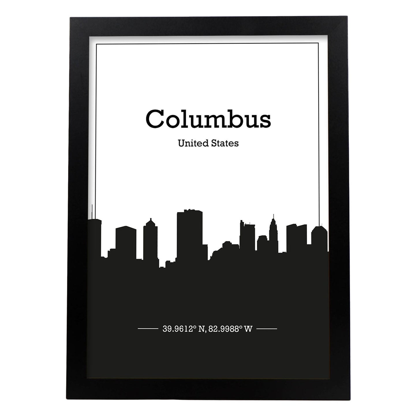 Poster con mapa de Columbus - USA. Láminas con Skyline de ciudades de Estados Unidos, Canada, Mexico con sombra negra.-Artwork-Nacnic-A4-Marco Negro-Nacnic Estudio SL