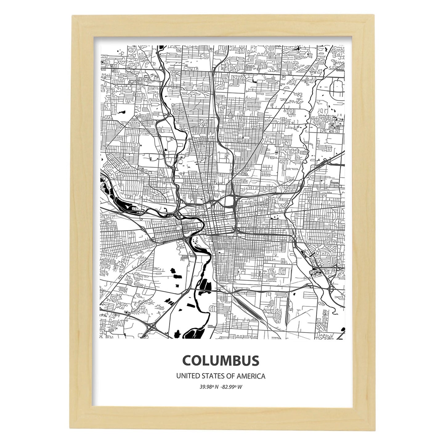 Poster con mapa de Columbus - USA. Láminas de ciudades de Estados Unidos con mares y ríos en color negro.-Artwork-Nacnic-A3-Marco Madera clara-Nacnic Estudio SL
