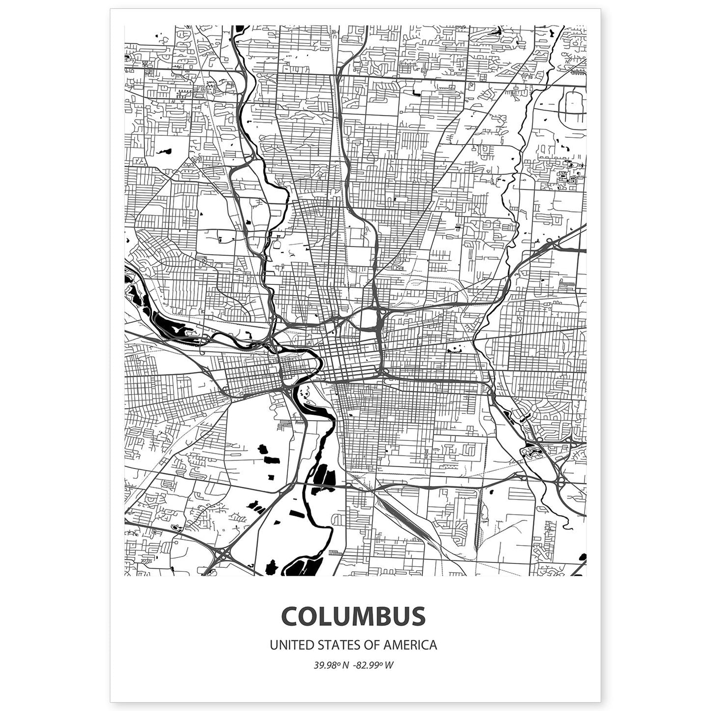 Poster con mapa de Columbus - USA. Láminas de ciudades de Estados Unidos con mares y ríos en color negro.-Artwork-Nacnic-A4-Sin marco-Nacnic Estudio SL