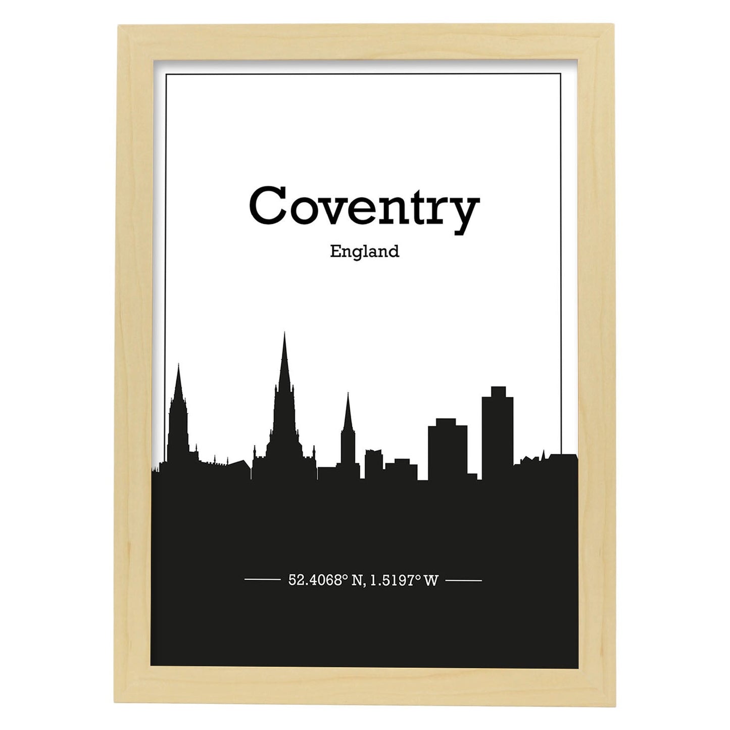 Poster con mapa de Conventry - Inglaterra. Láminas con Skyline de ciudades de Inglaterra e Irlanda con sombra negra.-Artwork-Nacnic-A4-Marco Madera clara-Nacnic Estudio SL