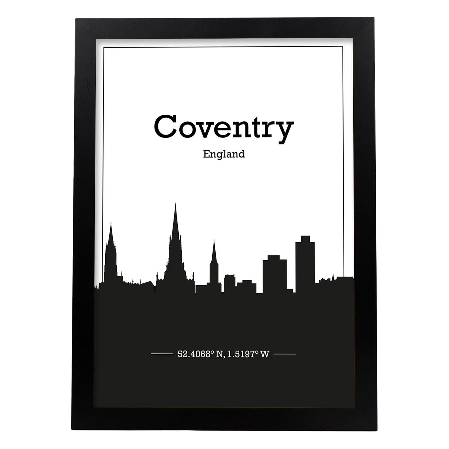 Poster con mapa de Conventry - Inglaterra. Láminas con Skyline de ciudades de Inglaterra e Irlanda con sombra negra.-Artwork-Nacnic-A4-Marco Negro-Nacnic Estudio SL