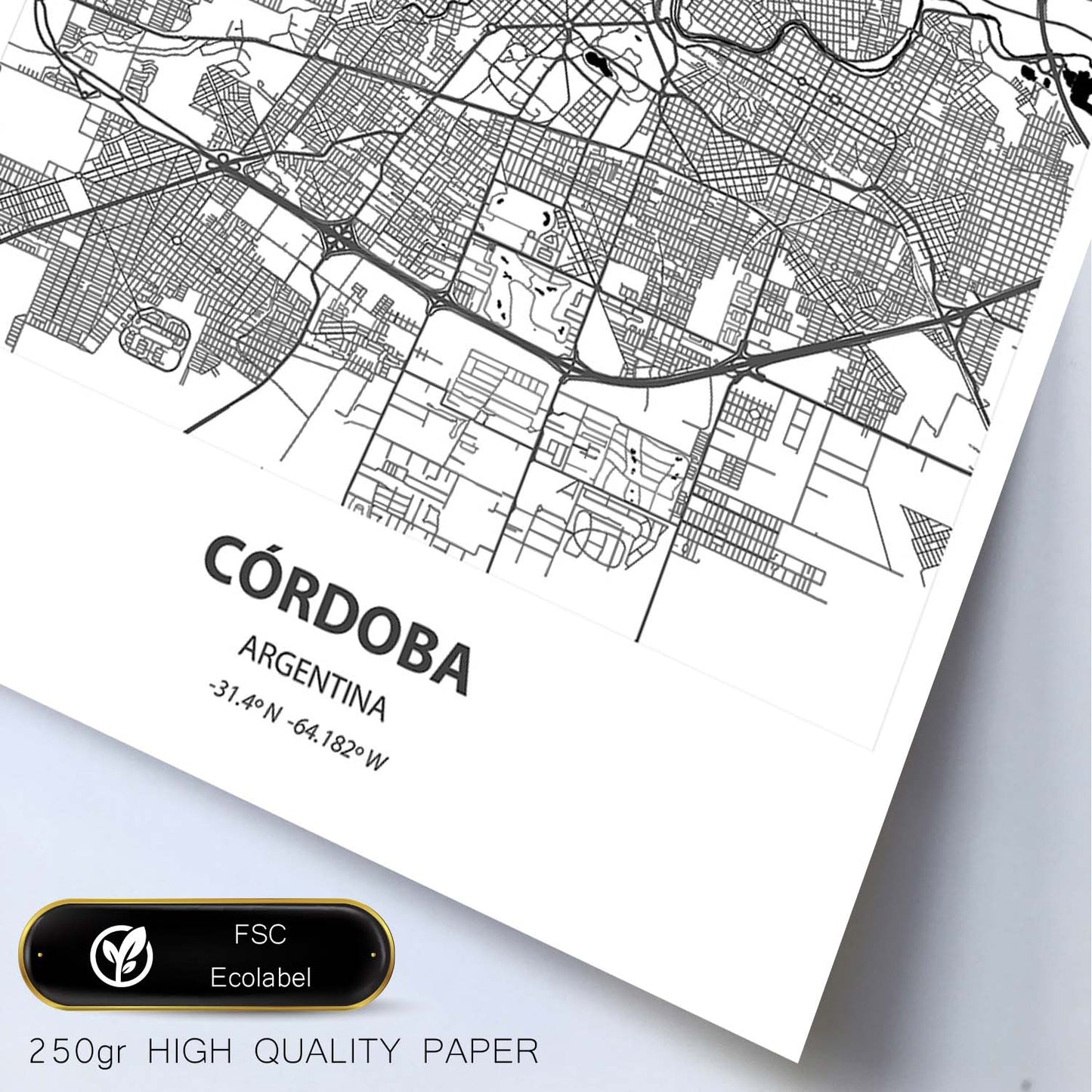 Poster con mapa de Cordoba - Argentina. Láminas de ciudades de Latinoamérica con mares y ríos en color negro.-Artwork-Nacnic-Nacnic Estudio SL