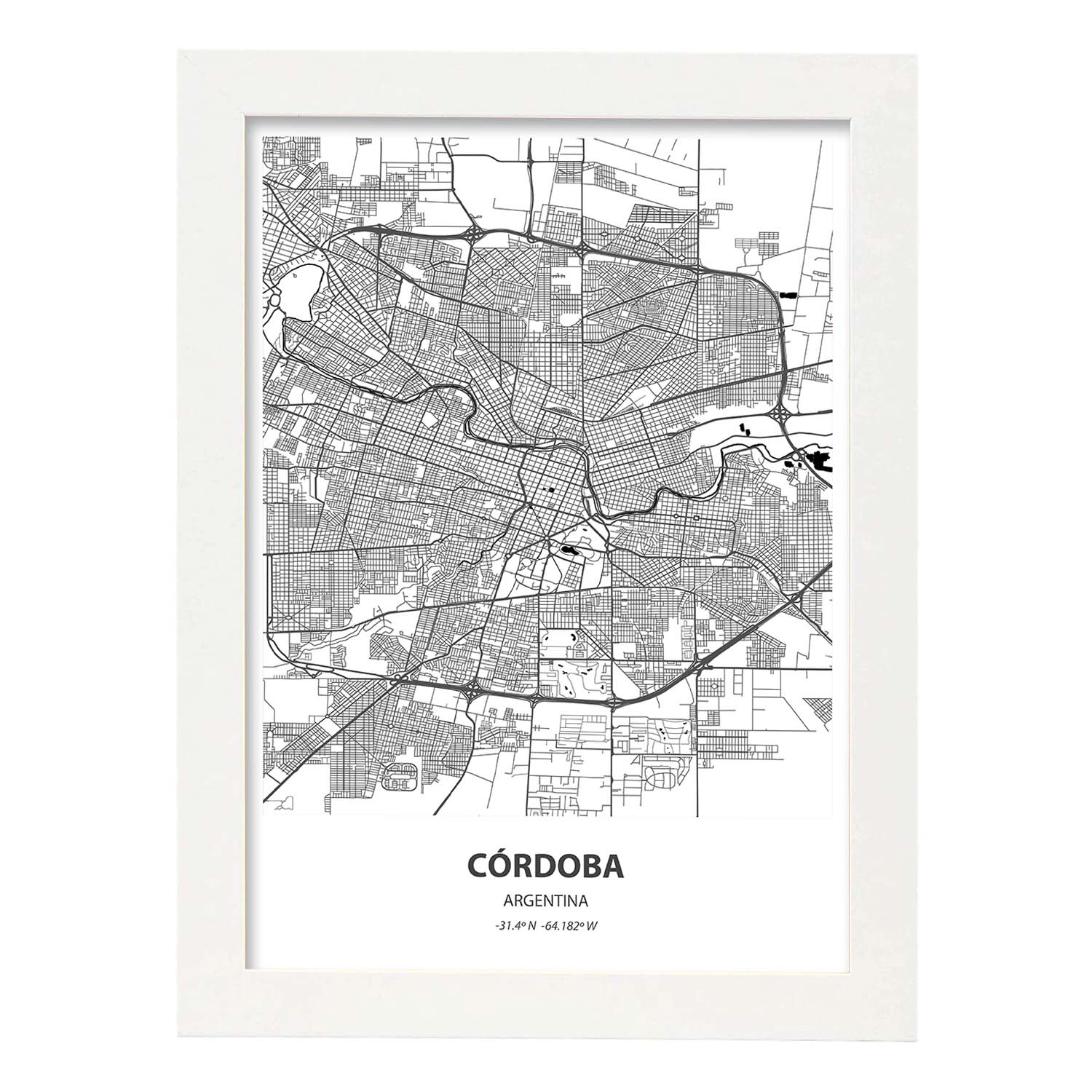 Poster con mapa de Cordoba - Argentina. Láminas de ciudades de Latinoamérica con mares y ríos en color negro.-Artwork-Nacnic-A3-Marco Blanco-Nacnic Estudio SL