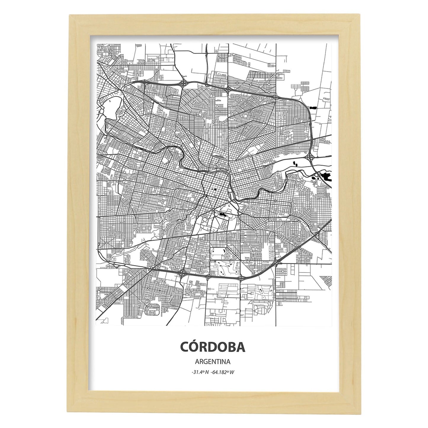 Poster con mapa de Cordoba - Argentina. Láminas de ciudades de Latinoamérica con mares y ríos en color negro.-Artwork-Nacnic-A3-Marco Madera clara-Nacnic Estudio SL