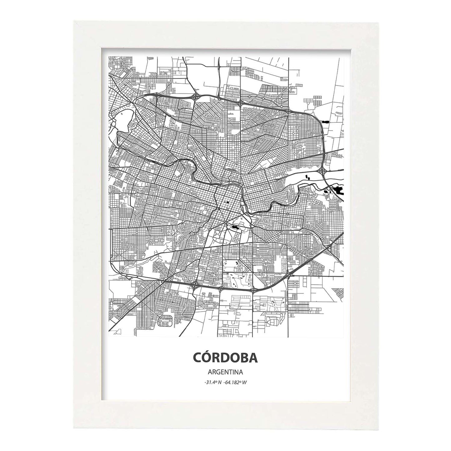 Poster con mapa de Cordoba - Argentina. Láminas de ciudades de Latinoamérica con mares y ríos en color negro.-Artwork-Nacnic-A4-Marco Blanco-Nacnic Estudio SL