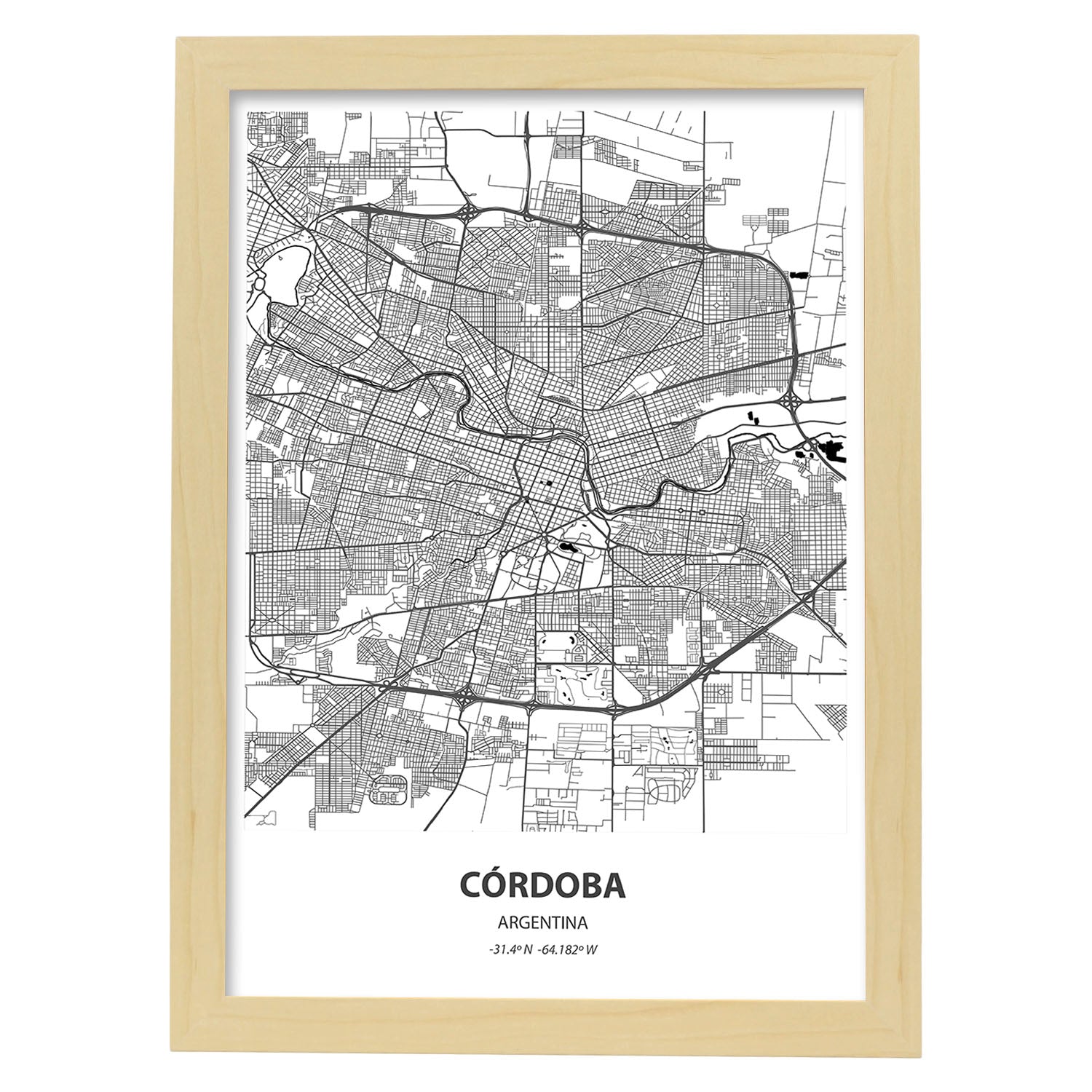 Poster con mapa de Cordoba - Argentina. Láminas de ciudades de Latinoamérica con mares y ríos en color negro.-Artwork-Nacnic-A4-Marco Madera clara-Nacnic Estudio SL