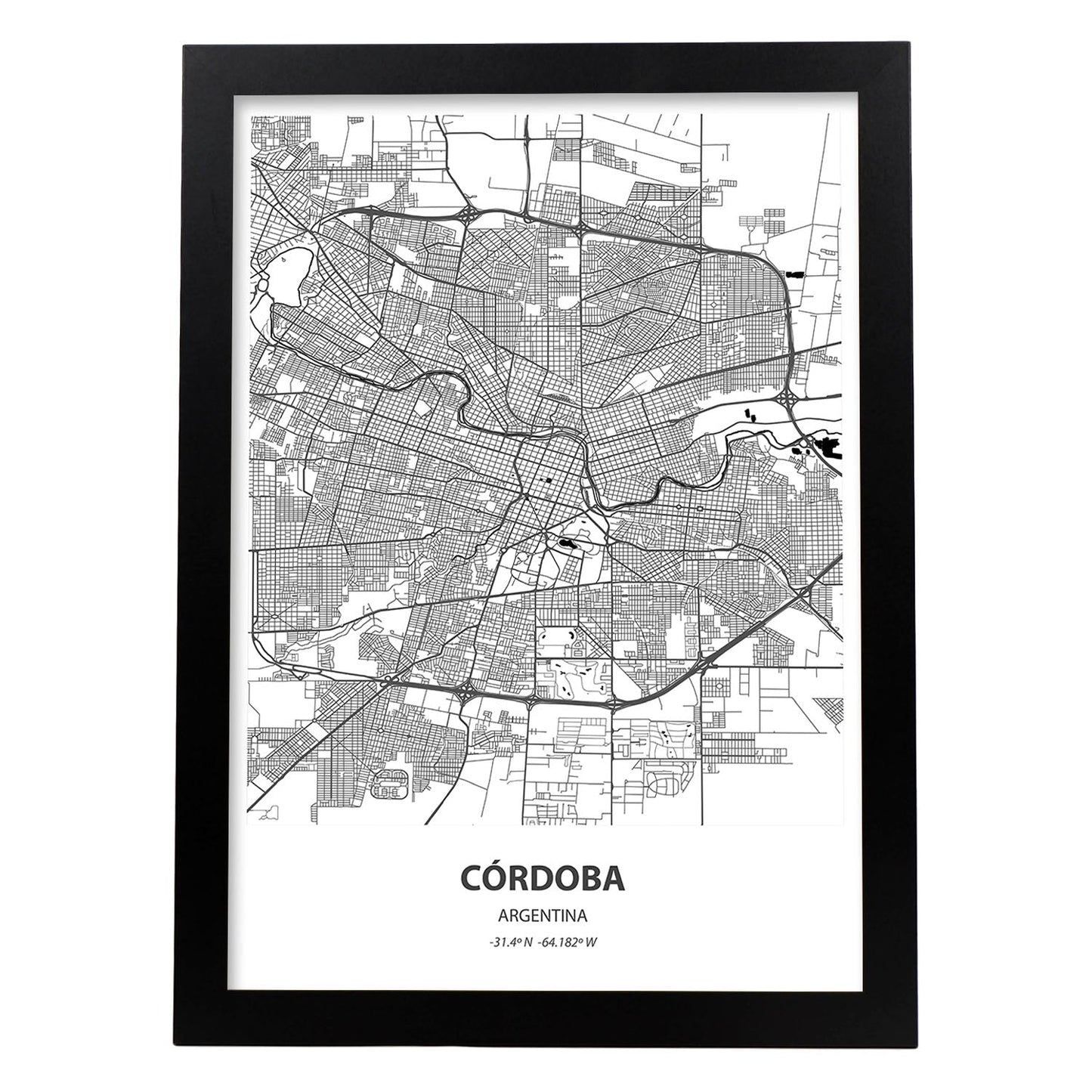Poster con mapa de Cordoba - Argentina. Láminas de ciudades de Latinoamérica con mares y ríos en color negro.-Artwork-Nacnic-A4-Marco Negro-Nacnic Estudio SL