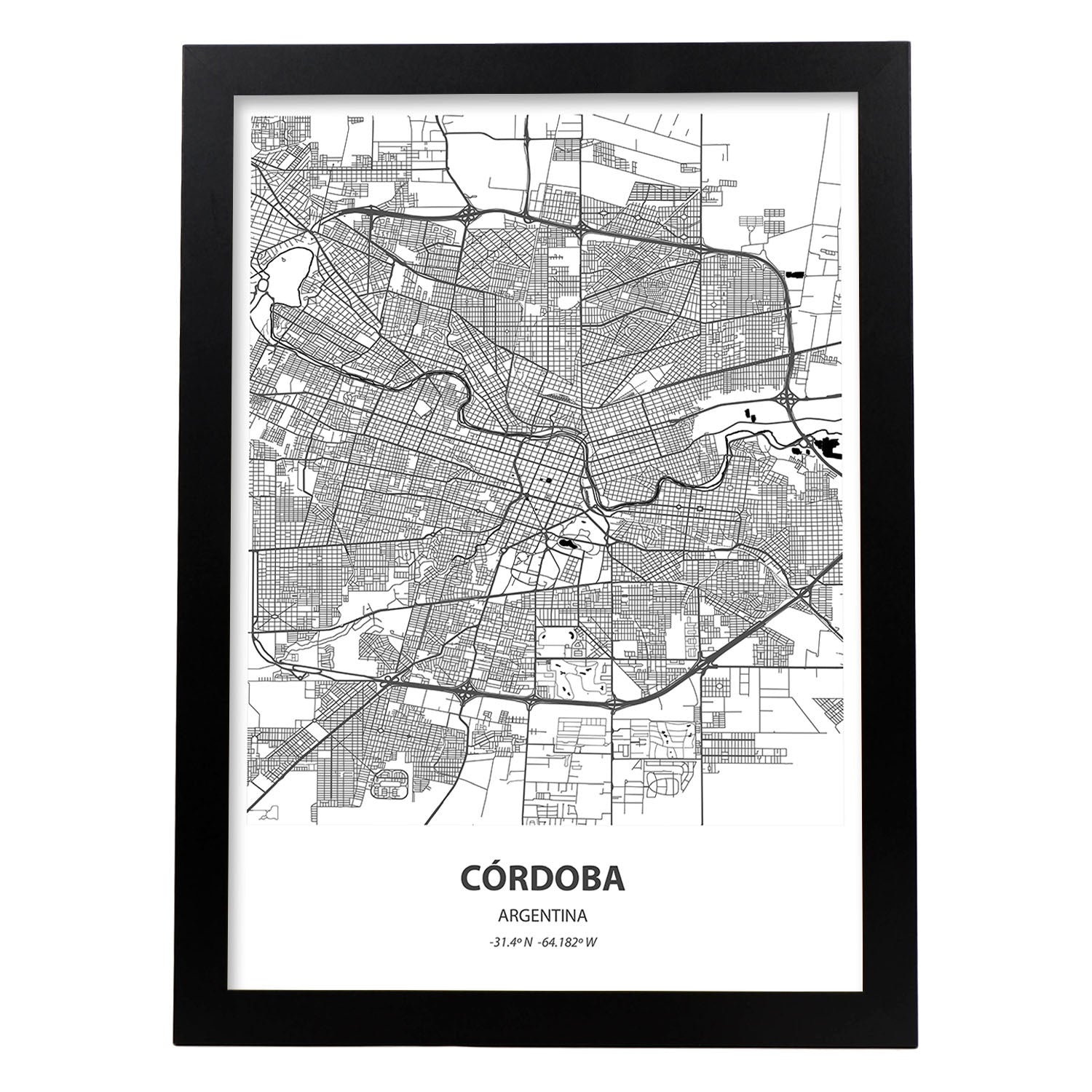 Poster con mapa de Cordoba - Argentina. Láminas de ciudades de Latinoamérica con mares y ríos en color negro.-Artwork-Nacnic-A4-Marco Negro-Nacnic Estudio SL