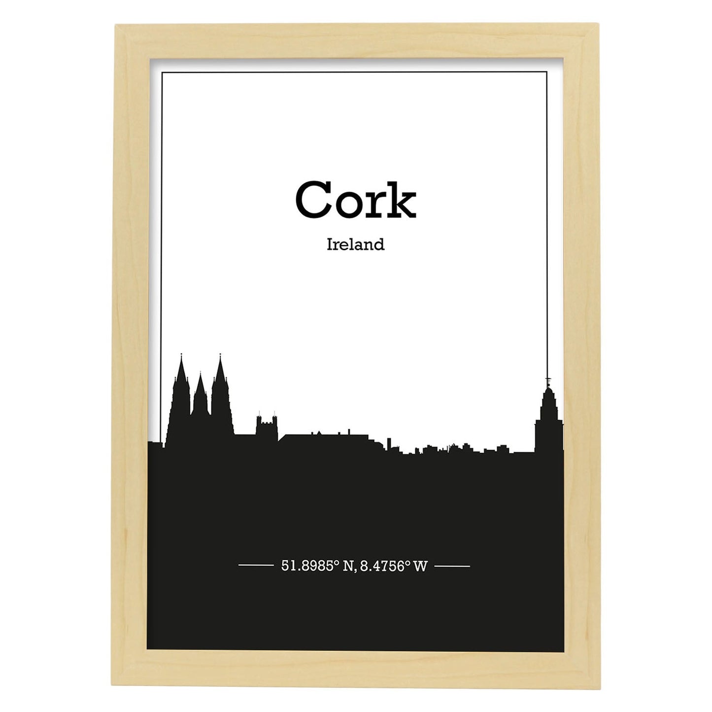 Poster con mapa de Cork - Irlanda. Láminas con Skyline de ciudades de Inglaterra e Irlanda con sombra negra.-Artwork-Nacnic-A3-Marco Madera clara-Nacnic Estudio SL