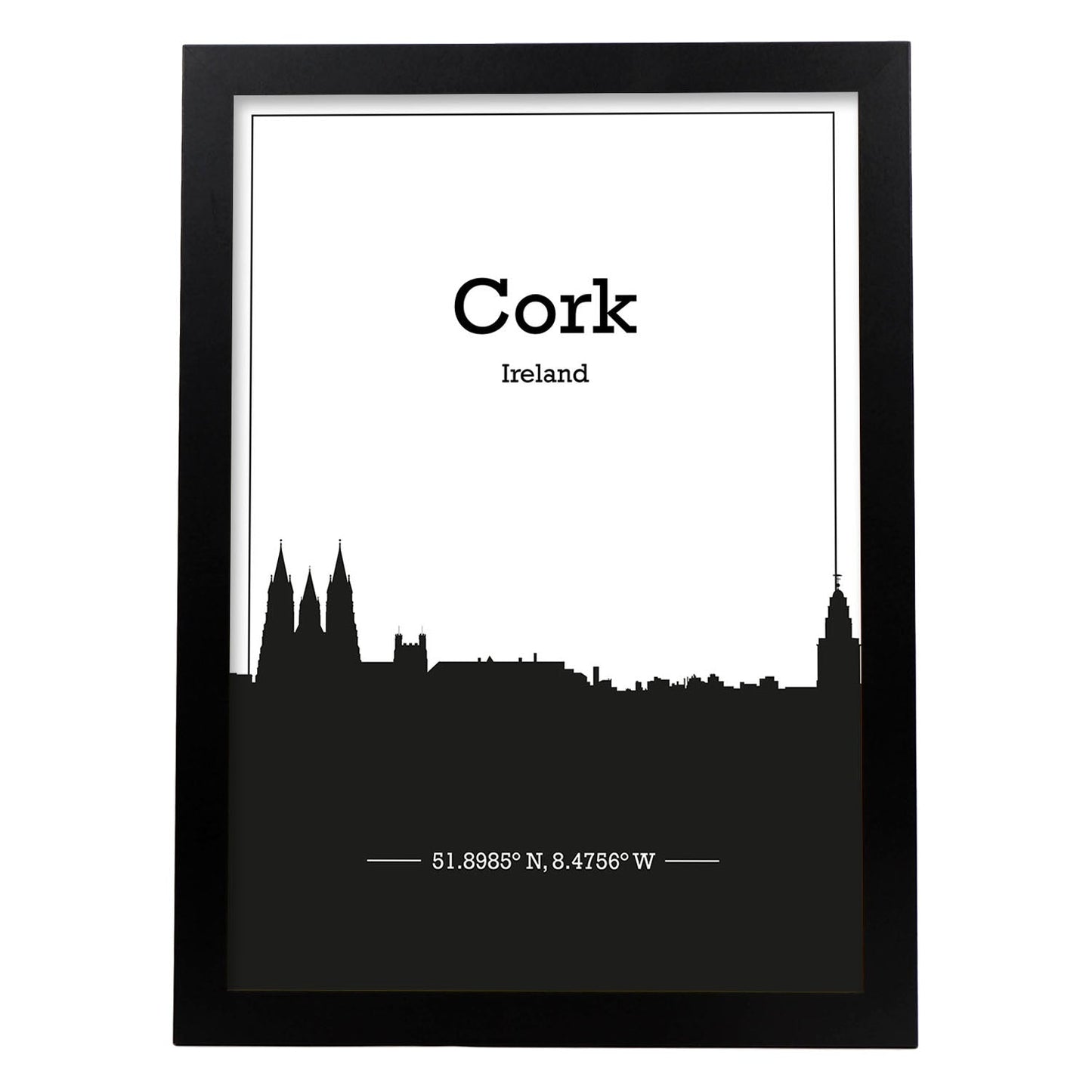 Poster con mapa de Cork - Irlanda. Láminas con Skyline de ciudades de Inglaterra e Irlanda con sombra negra.-Artwork-Nacnic-A4-Marco Negro-Nacnic Estudio SL