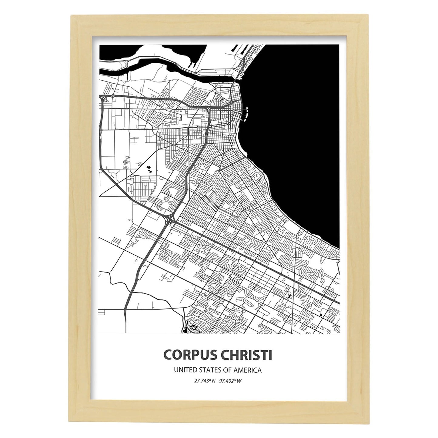 Poster con mapa de Corpus Christi - USA. Láminas de ciudades de Estados Unidos con mares y ríos en color negro.-Artwork-Nacnic-A3-Marco Madera clara-Nacnic Estudio SL
