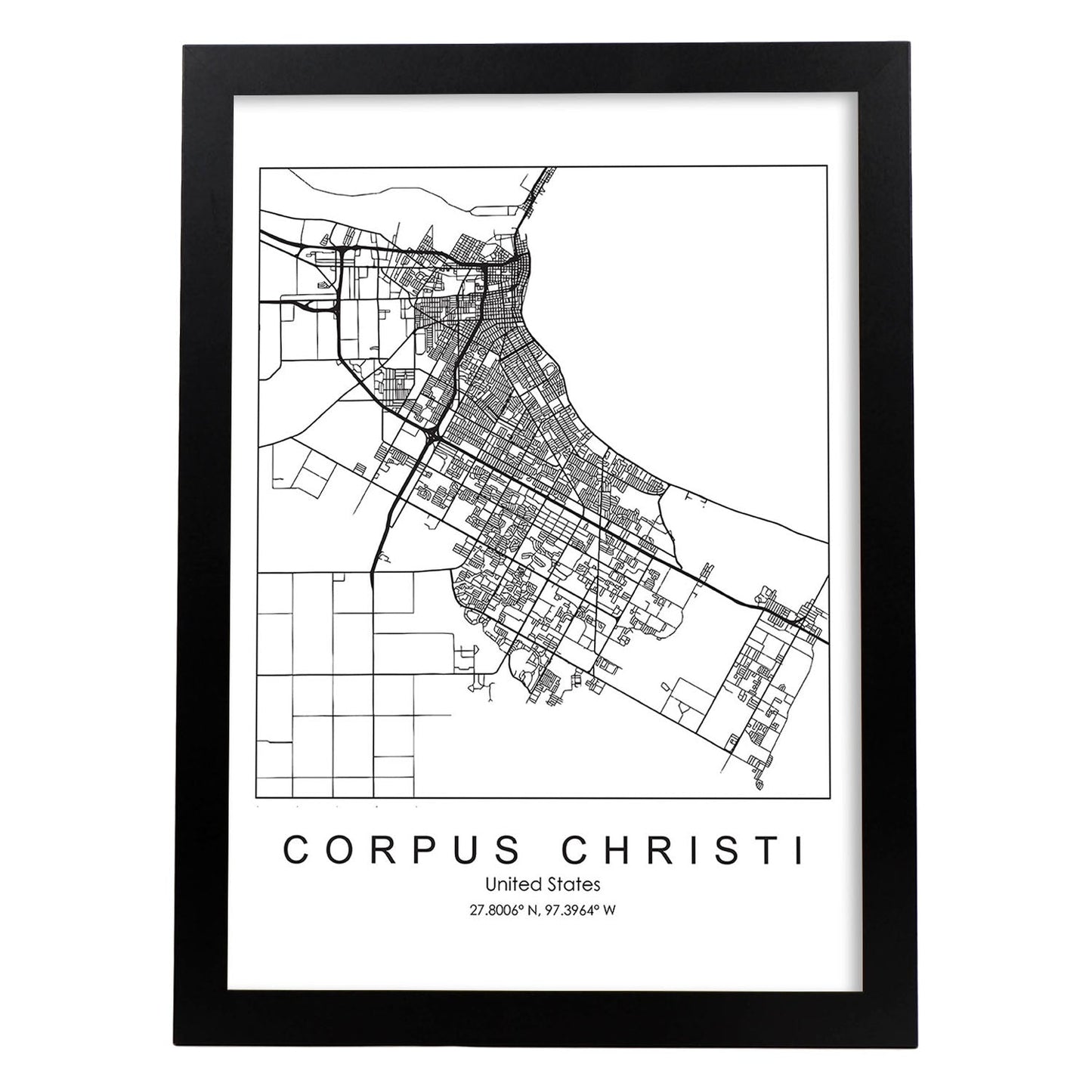 Poster con mapa de Corpus Christi. Lámina de Estados Unidos, con imágenes de mapas y carreteras-Artwork-Nacnic-A4-Marco Negro-Nacnic Estudio SL