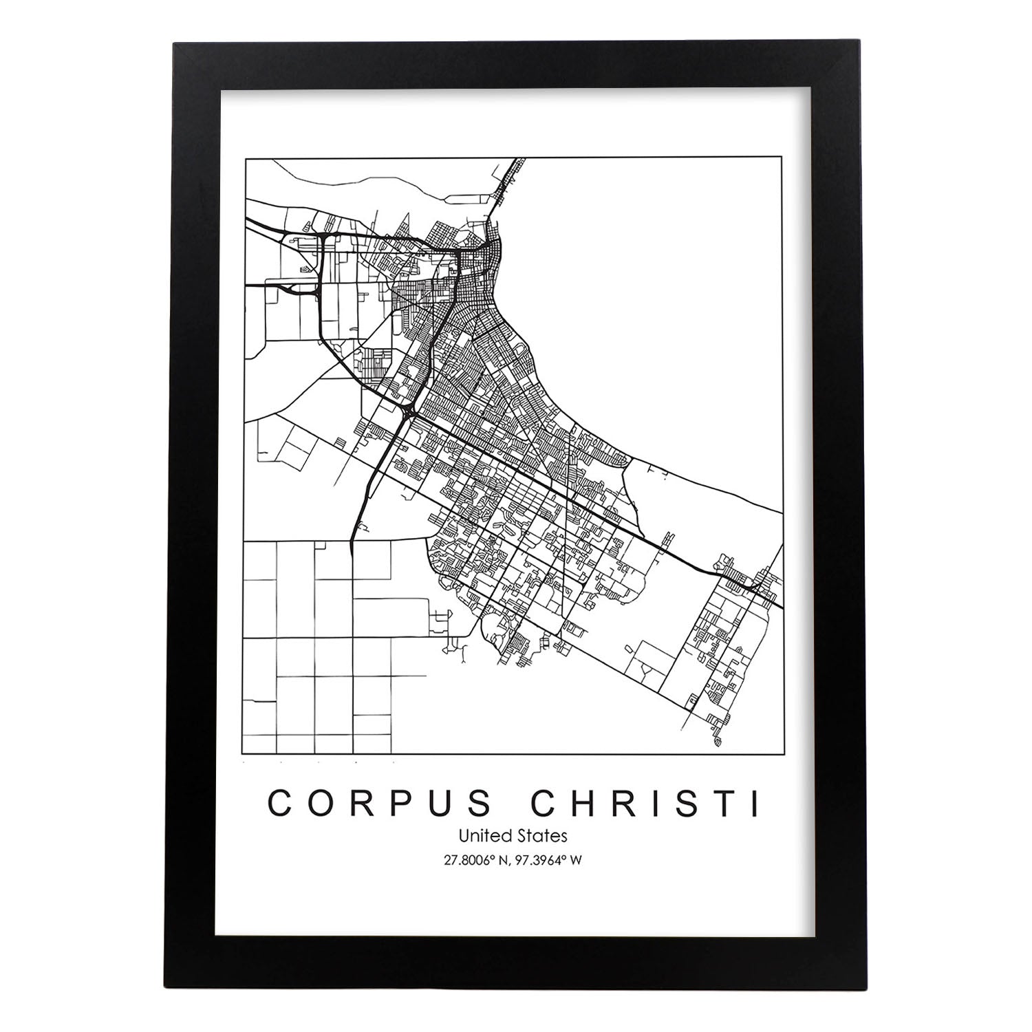 Poster con mapa de Corpus Christi. Lámina de Estados Unidos, con imágenes de mapas y carreteras-Artwork-Nacnic-A4-Marco Negro-Nacnic Estudio SL