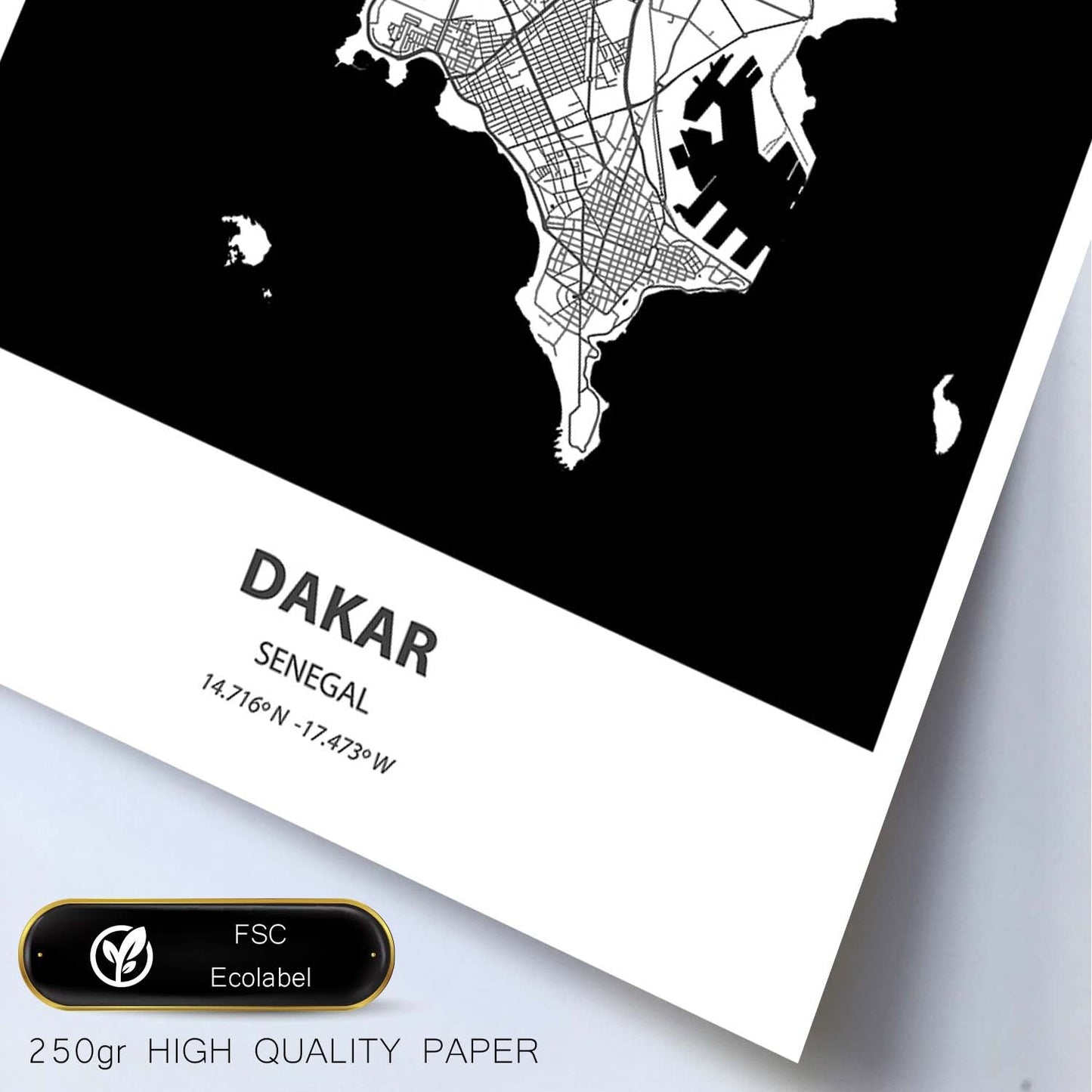 Poster con mapa de Dakar - Senegal. Láminas de ciudades de África con mares y ríos en color negro.-Artwork-Nacnic-Nacnic Estudio SL