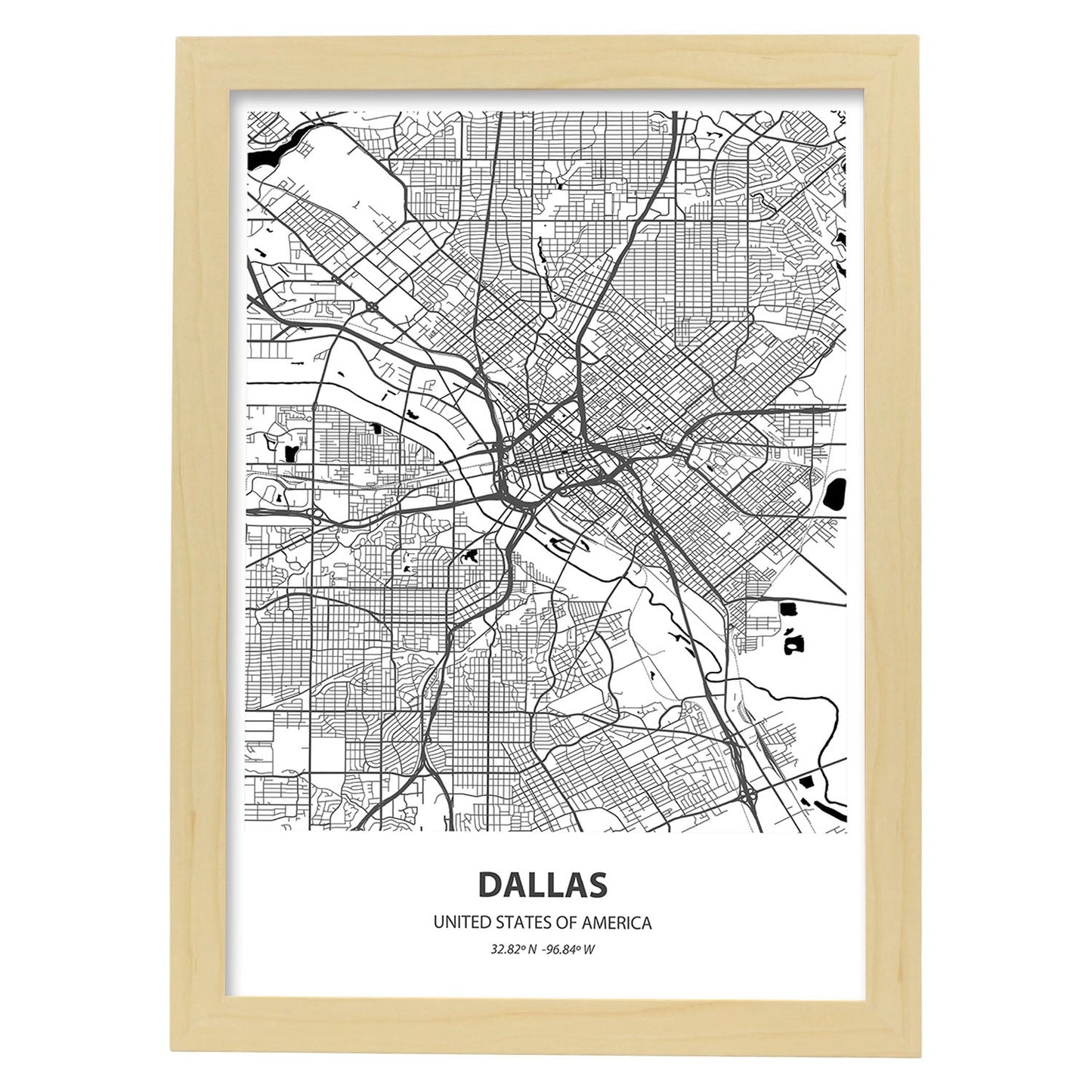 Poster con mapa de Dallas - USA. Láminas de ciudades de Estados Unidos con mares y ríos en color negro.-Artwork-Nacnic-A3-Marco Madera clara-Nacnic Estudio SL