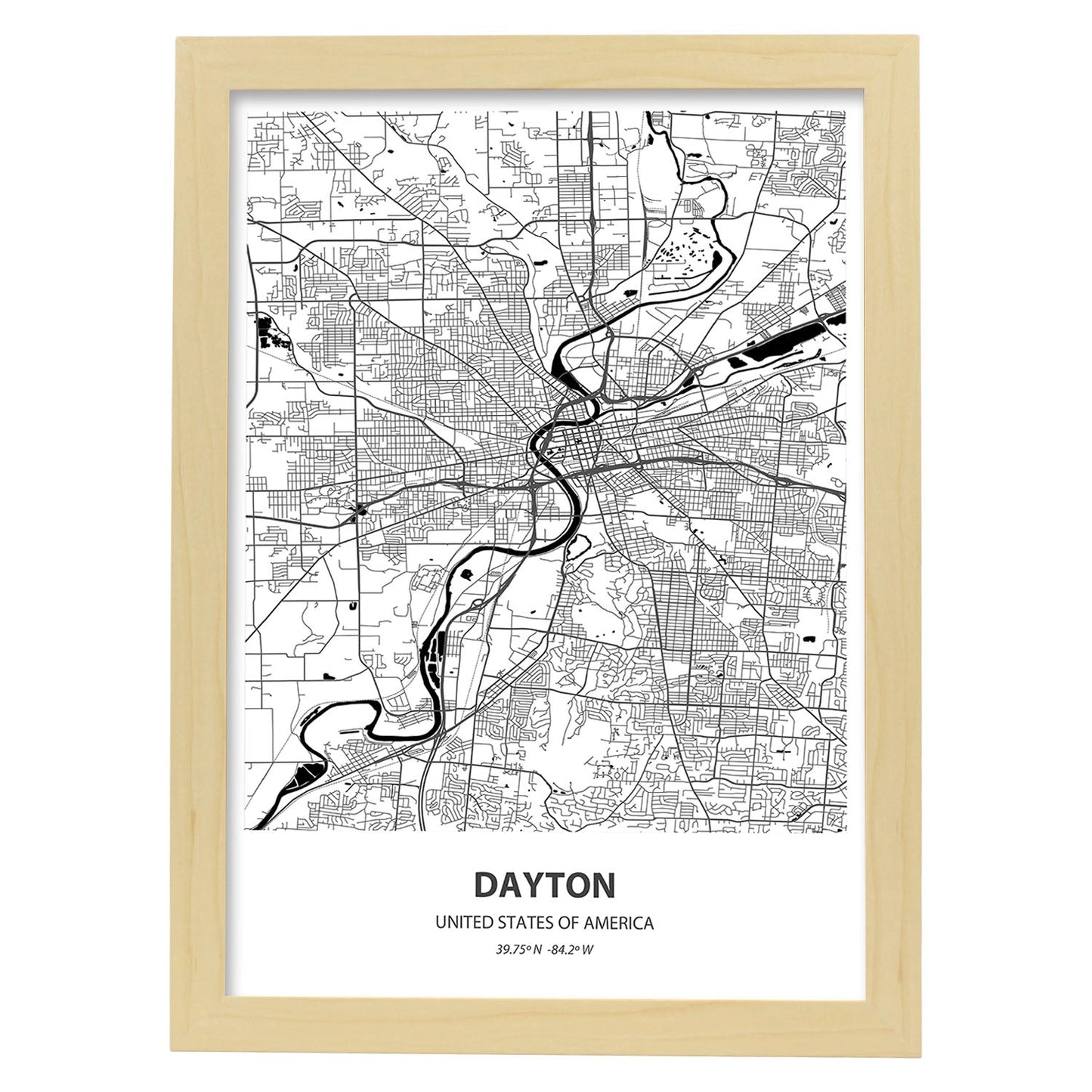 Poster con mapa de Dayton - USA. Láminas de ciudades de Estados Unidos con mares y ríos en color negro.-Artwork-Nacnic-A4-Marco Madera clara-Nacnic Estudio SL