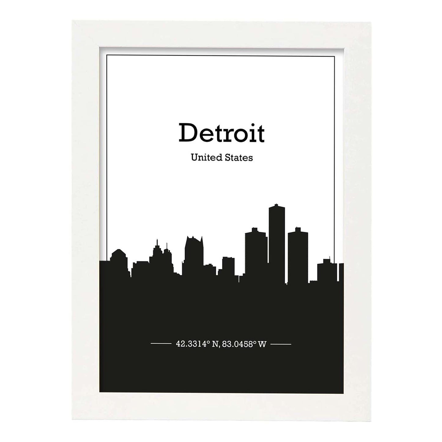 Poster con mapa de Detriot - USA. Láminas con Skyline de ciudades de Estados Unidos, Canada, Mexico con sombra negra.-Artwork-Nacnic-A3-Marco Blanco-Nacnic Estudio SL